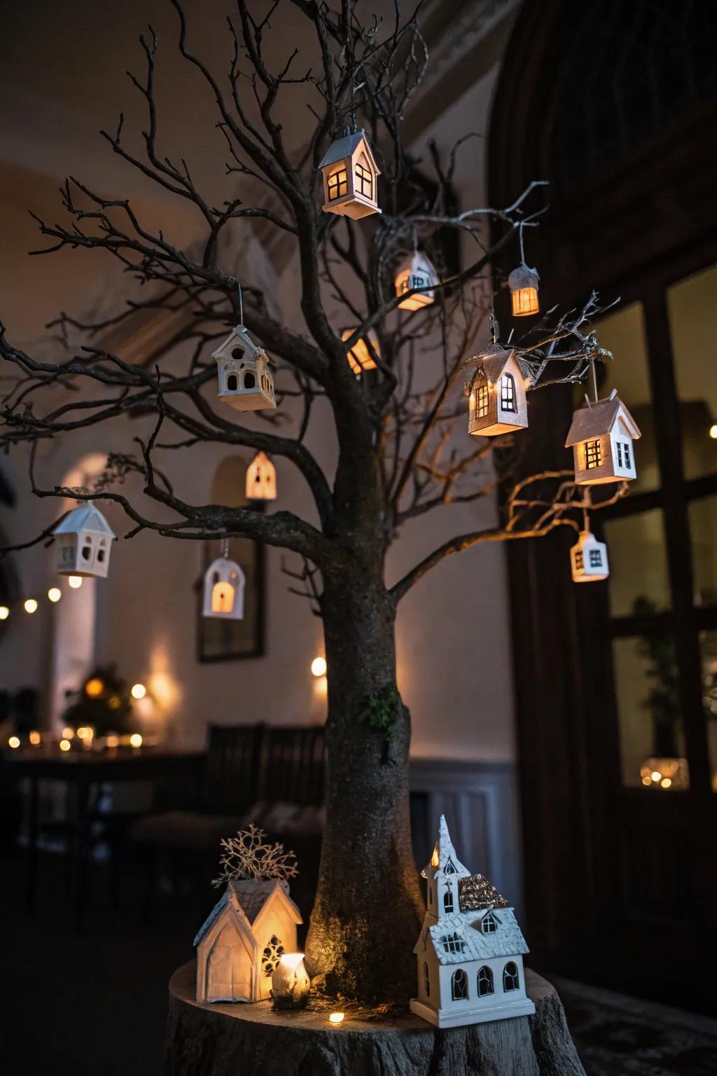 An elaborate Halloween tree featuring haunted manor miniatures.