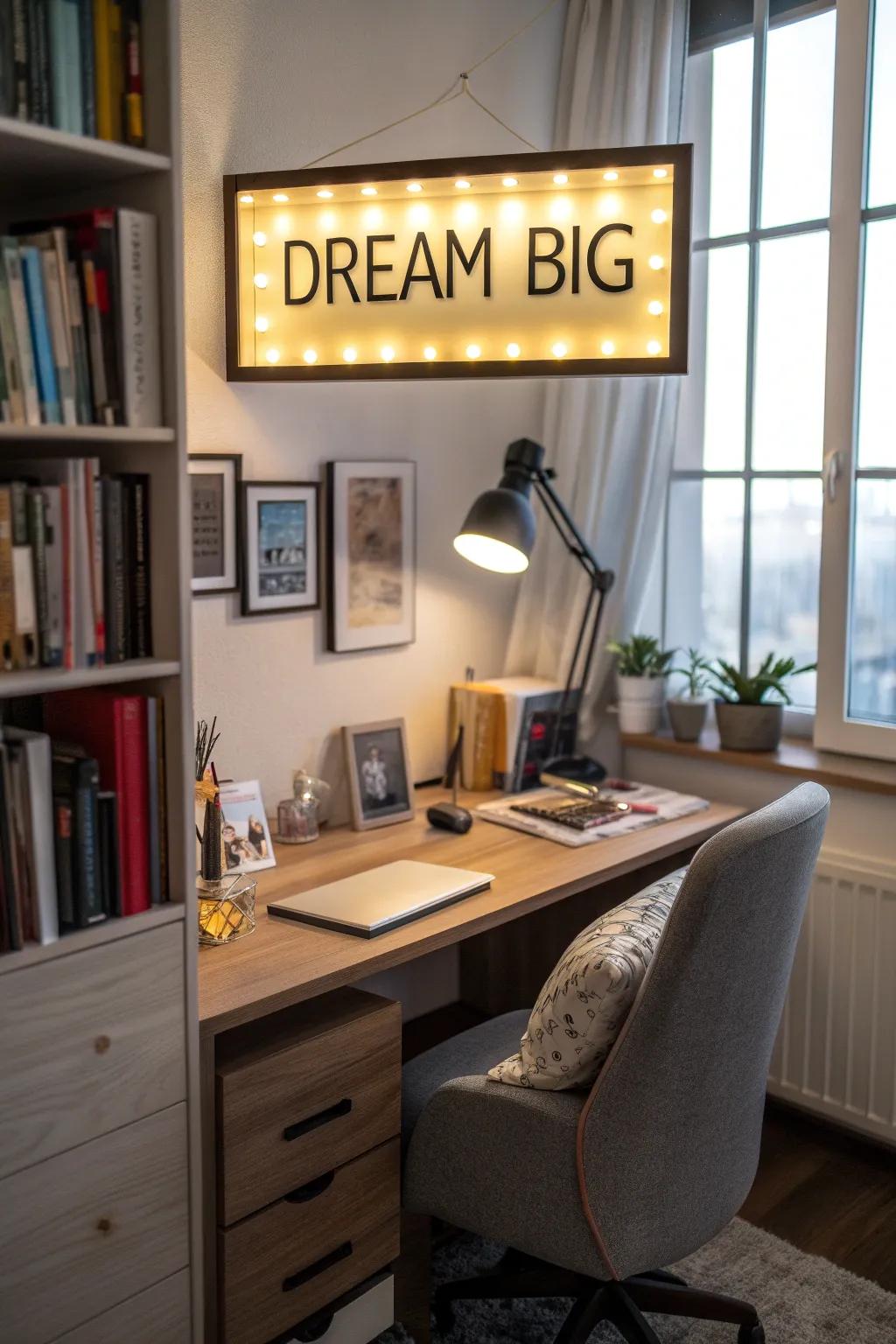 An illuminated marquee sign that adds a creative glow to a home office.