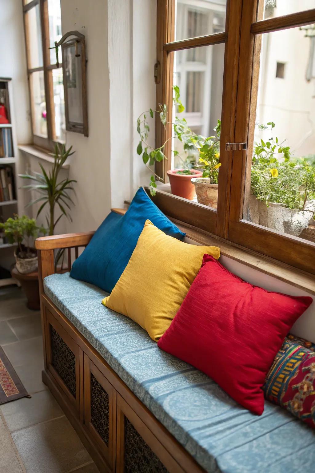 Corner benches create inviting spots for relaxation.