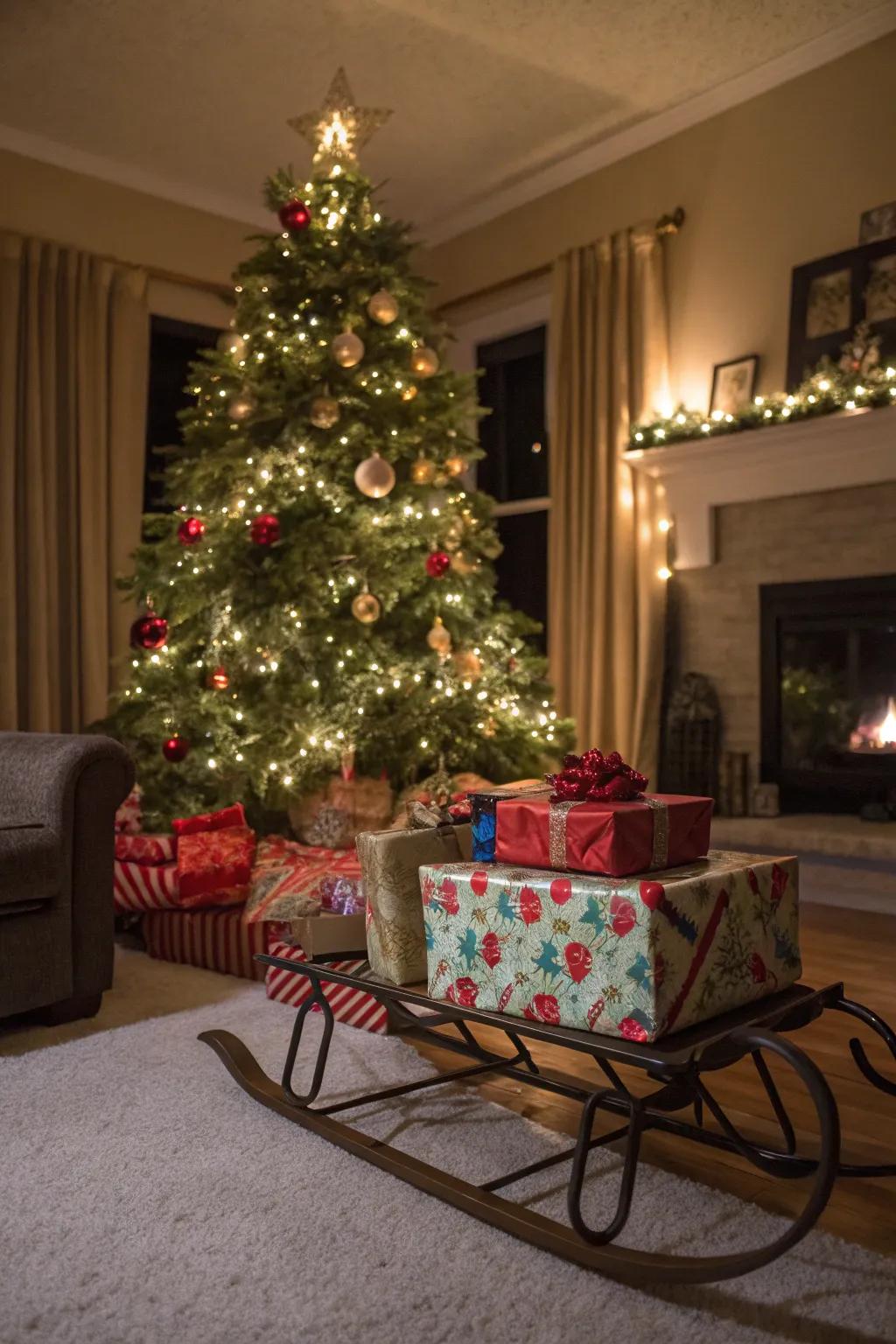 A cozy holiday scene with a sled and Christmas tree