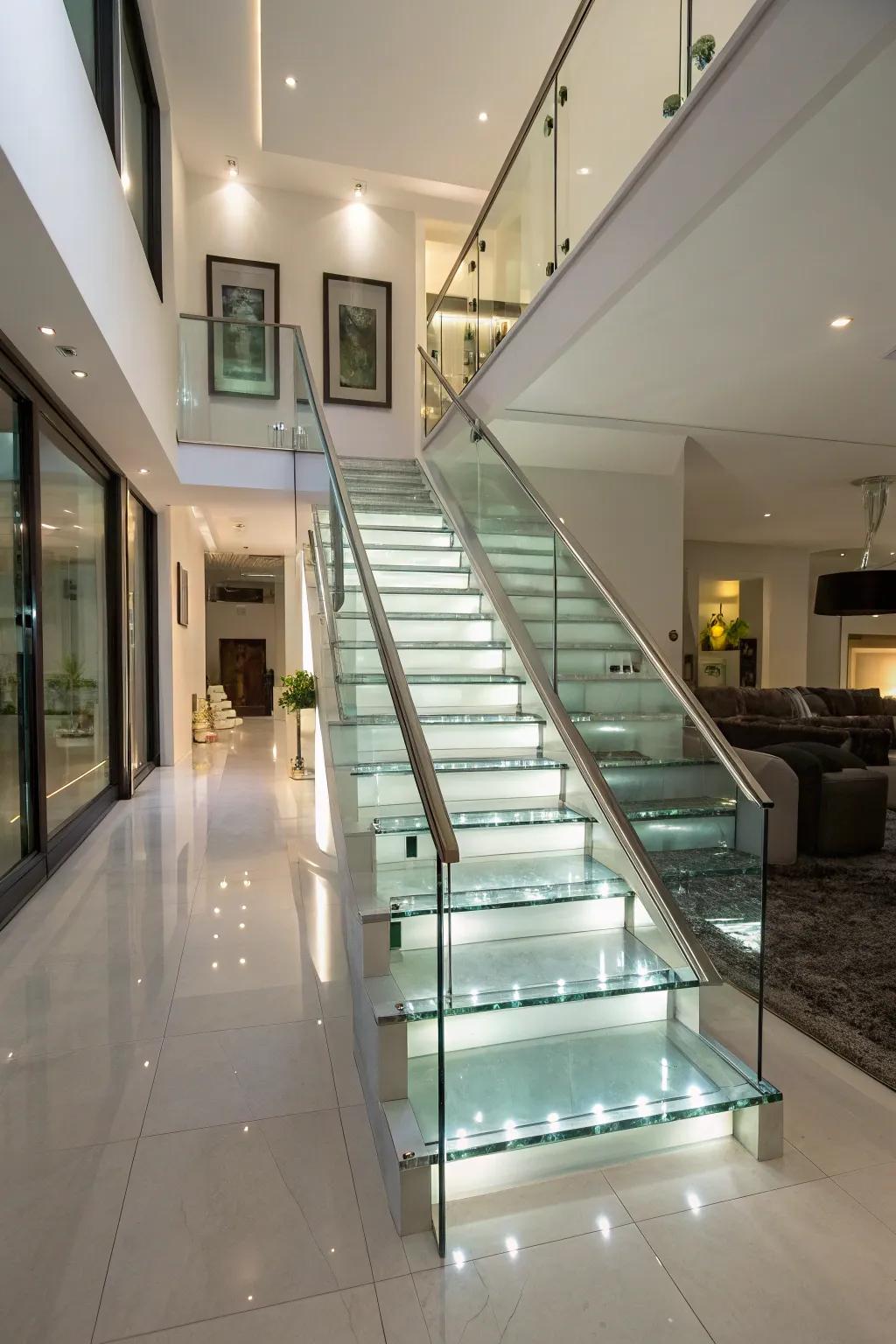 Establish an airy ambiance using sophisticated glass stairs.