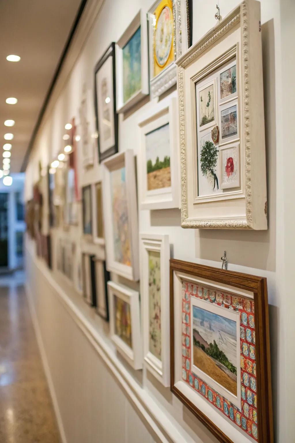 Gallery wall effect with picture frame molding showcasing artwork.