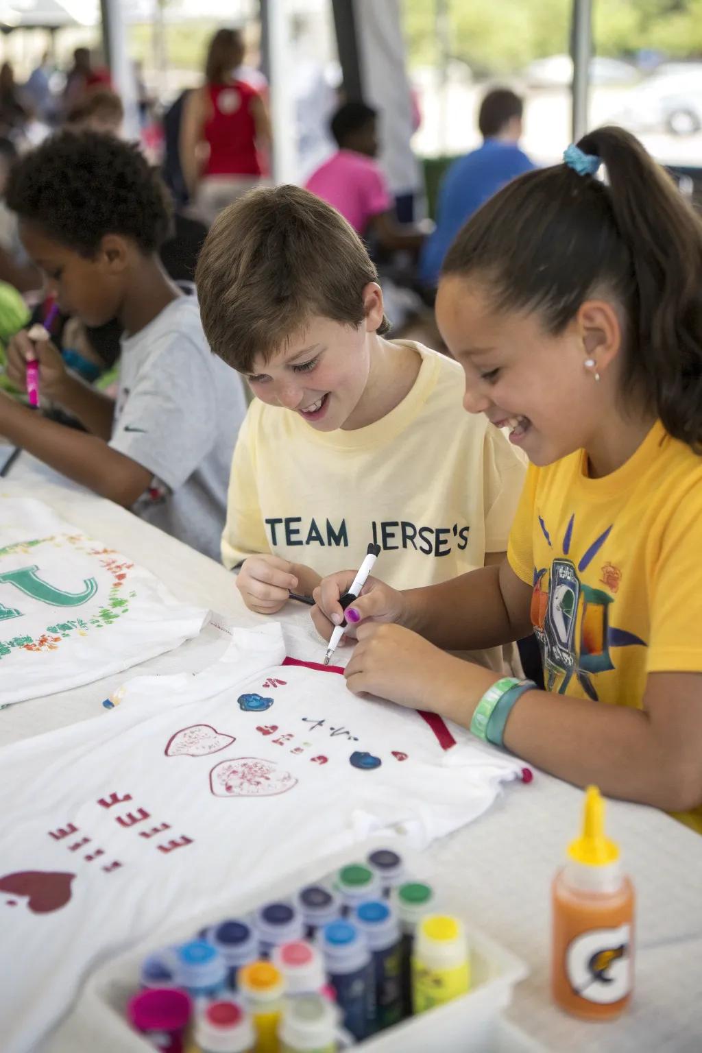 Kids designing their own team jerseys as a fun activity.