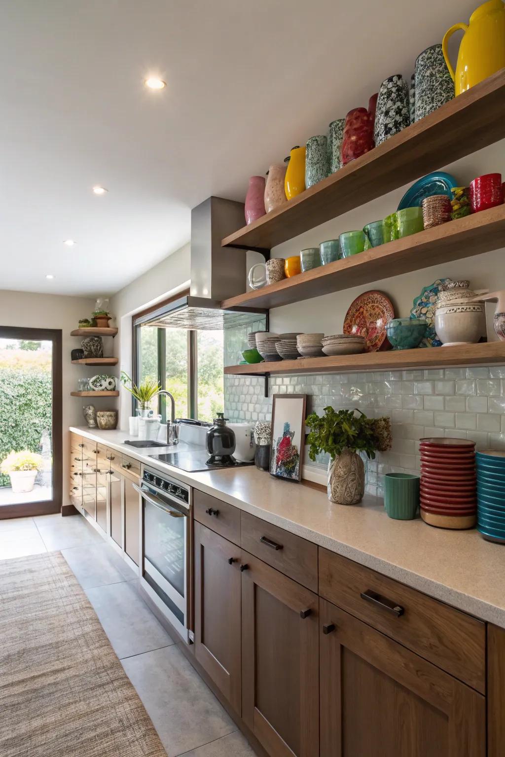 A long open shelf replacing the soffit, displaying decorative kitchen elements.