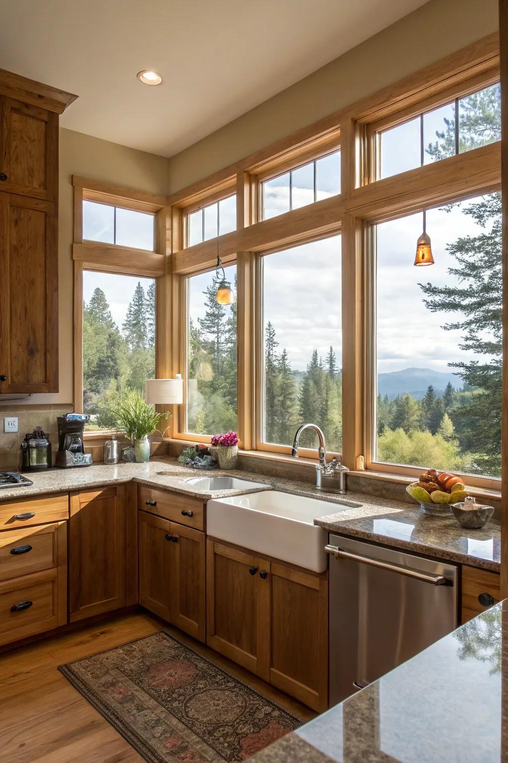 A bright kitchen with corner windows providing dual views.