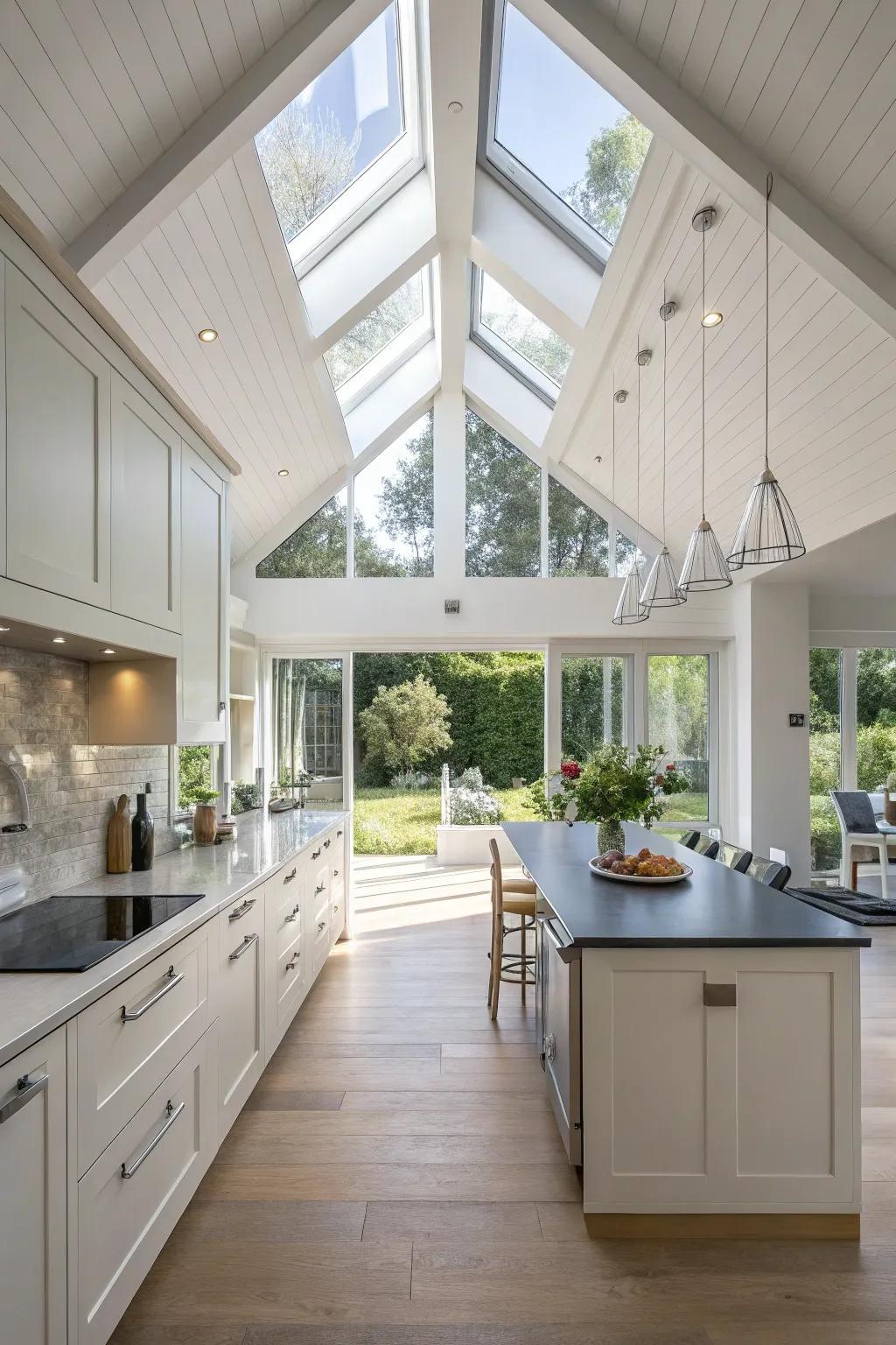 Clerestory windows brighten this modern kitchen with a vaulted ceiling.