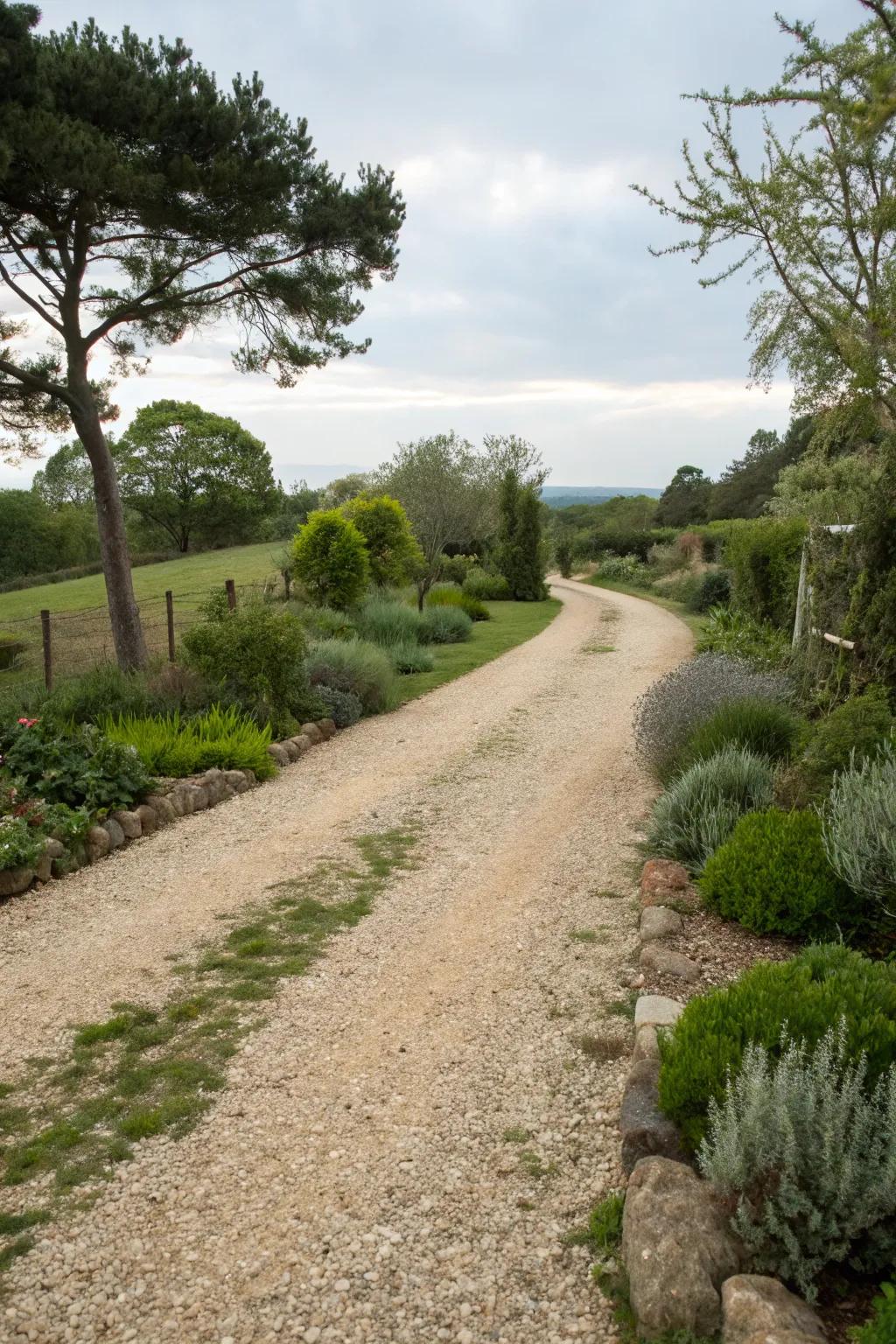 Gravel paths add rustic charm and easy maintenance.