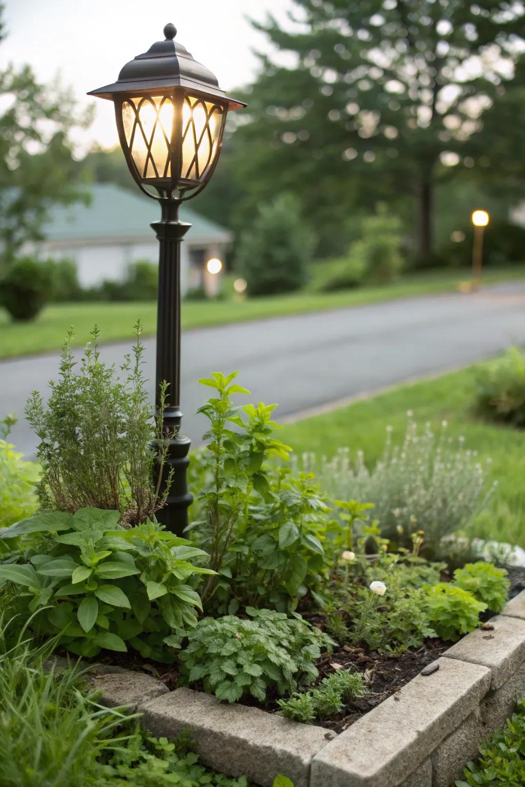 A functional herb garden encircling a lamp post.