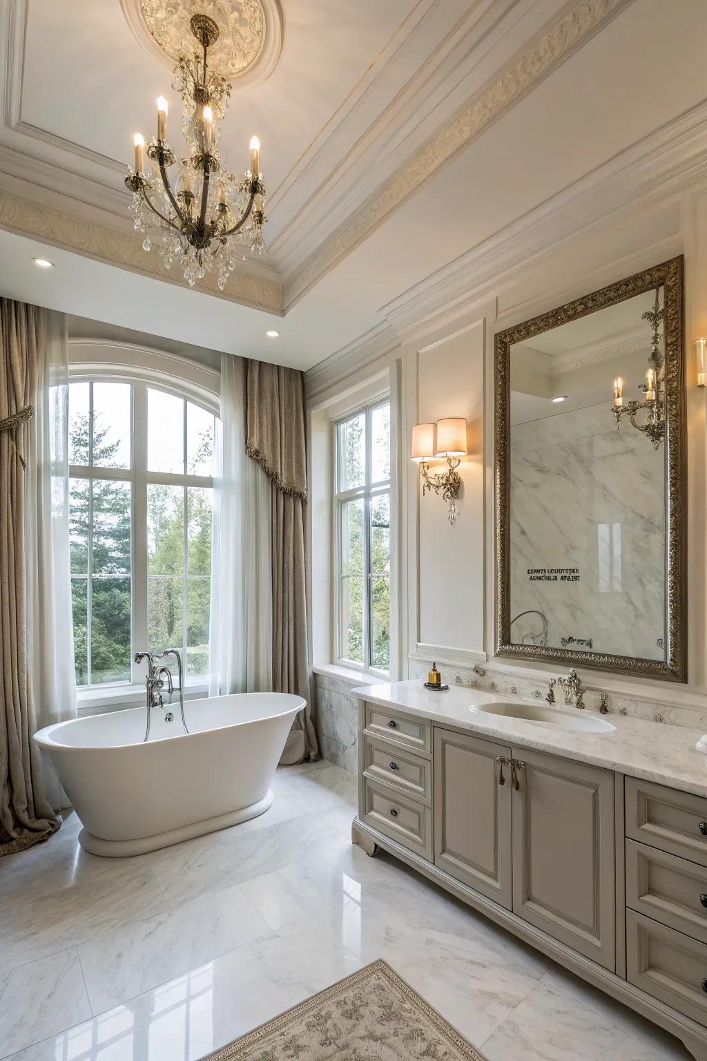 A luxurious bathroom enhanced by large crown molding, creating a spa-like ambiance.