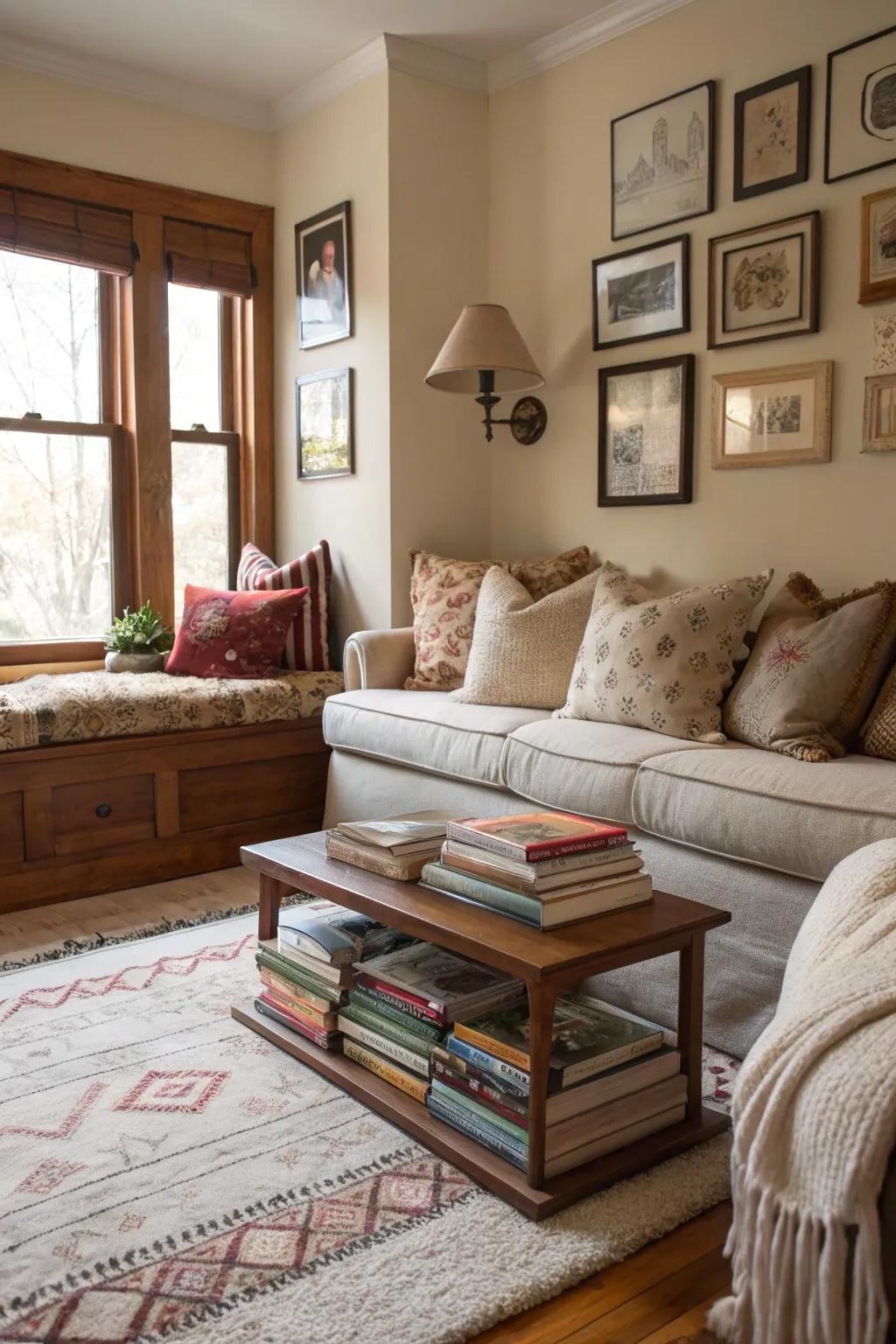 A living room featuring a cozy reading nook in an unused corner.