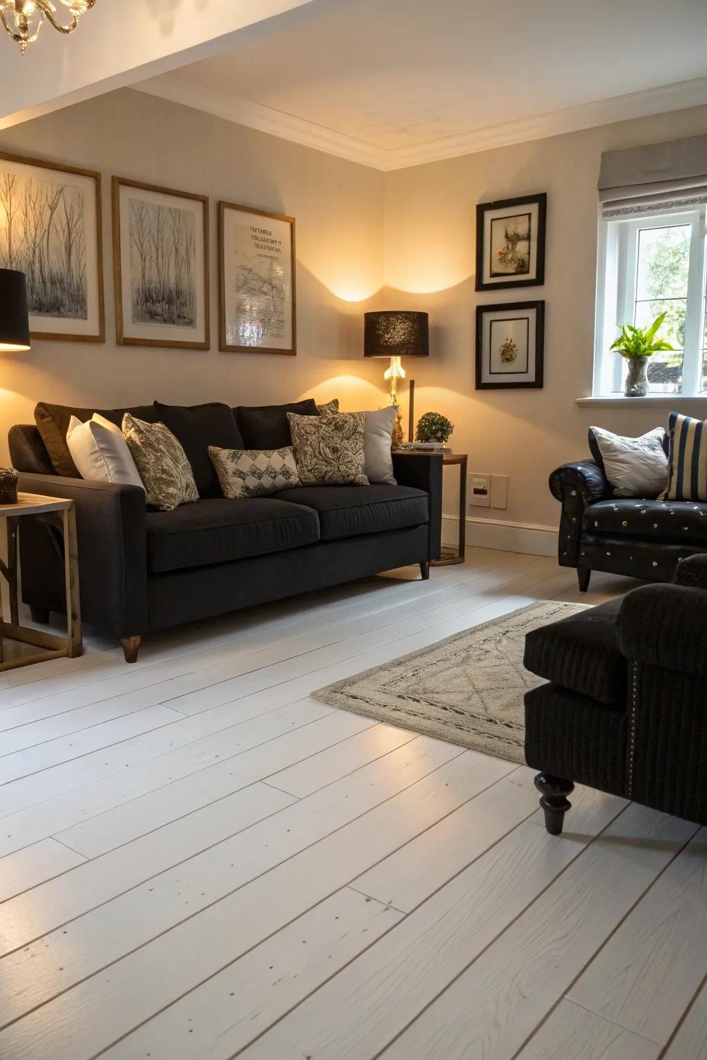 Contrasting elements create a striking visual impact with white wood floors.