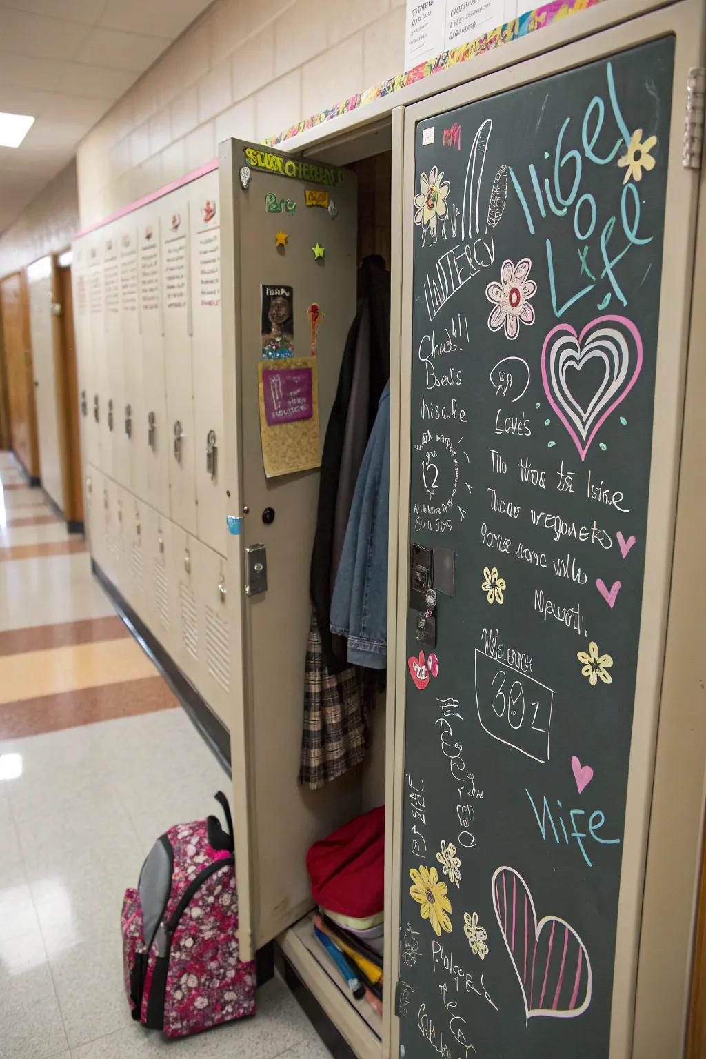 A locker with a chalkboard for creative notes and doodles.