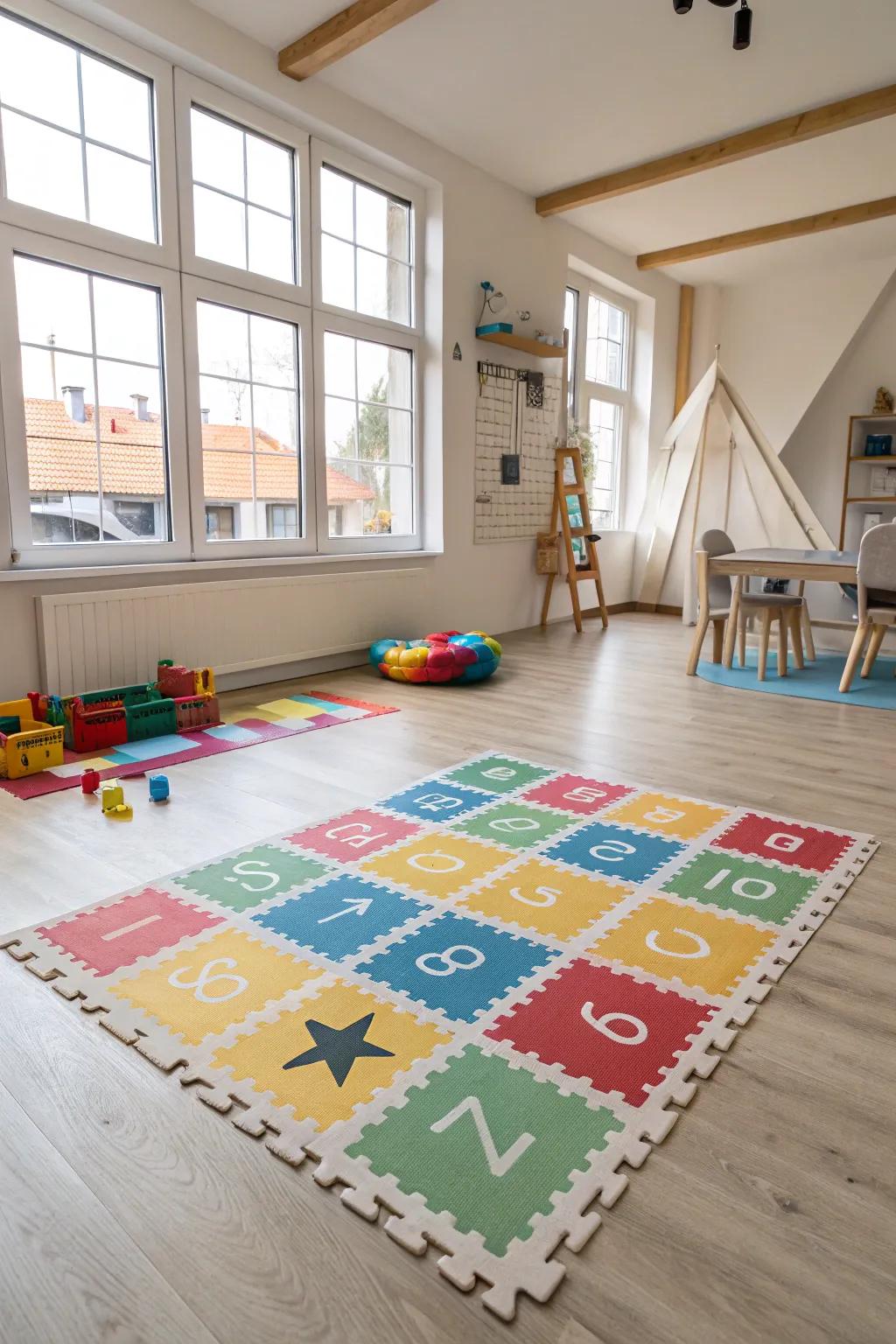 An interactive floor mat encourages playful movement.