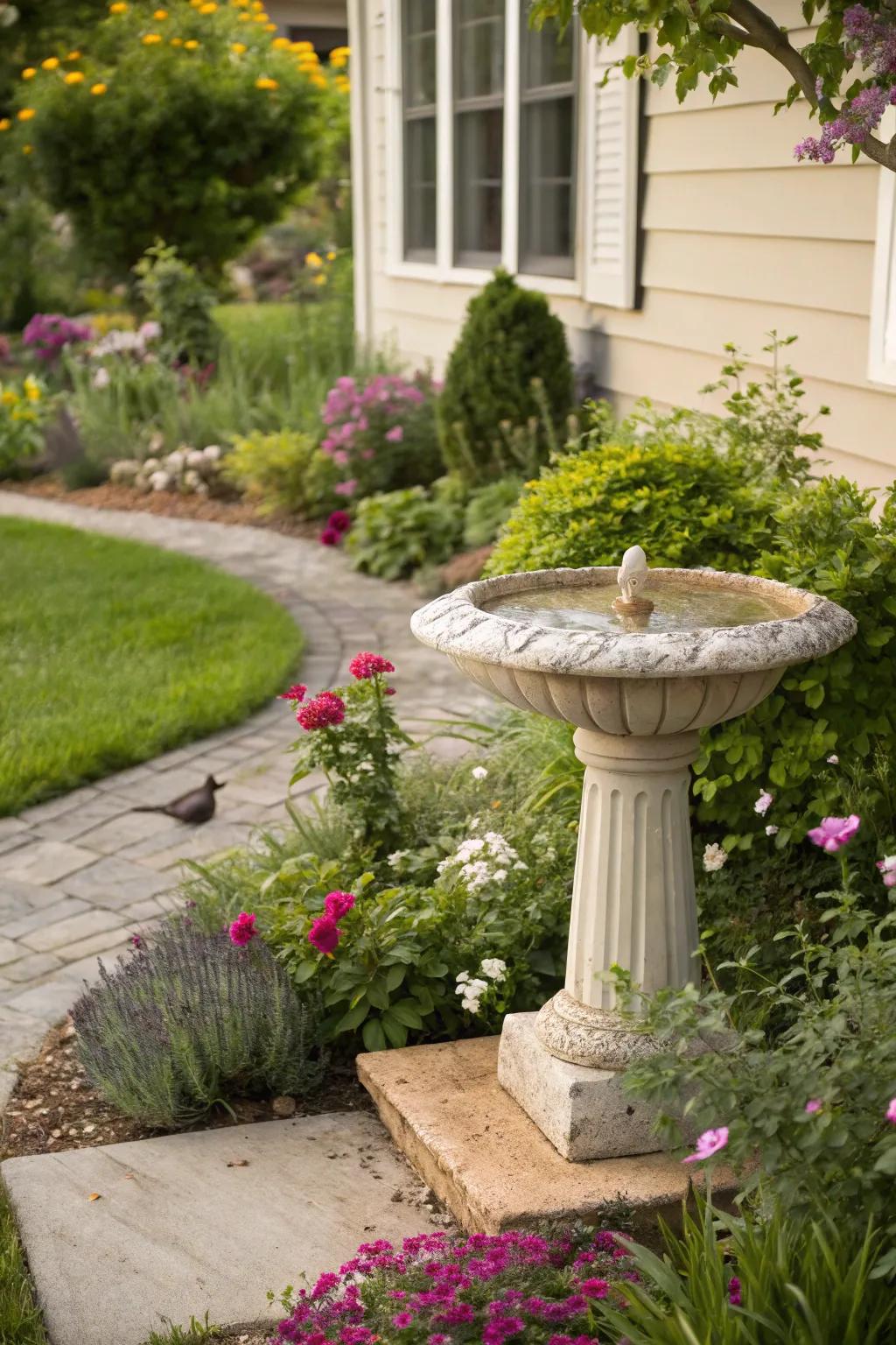 An accent feature birdbath adding charm to the garden.