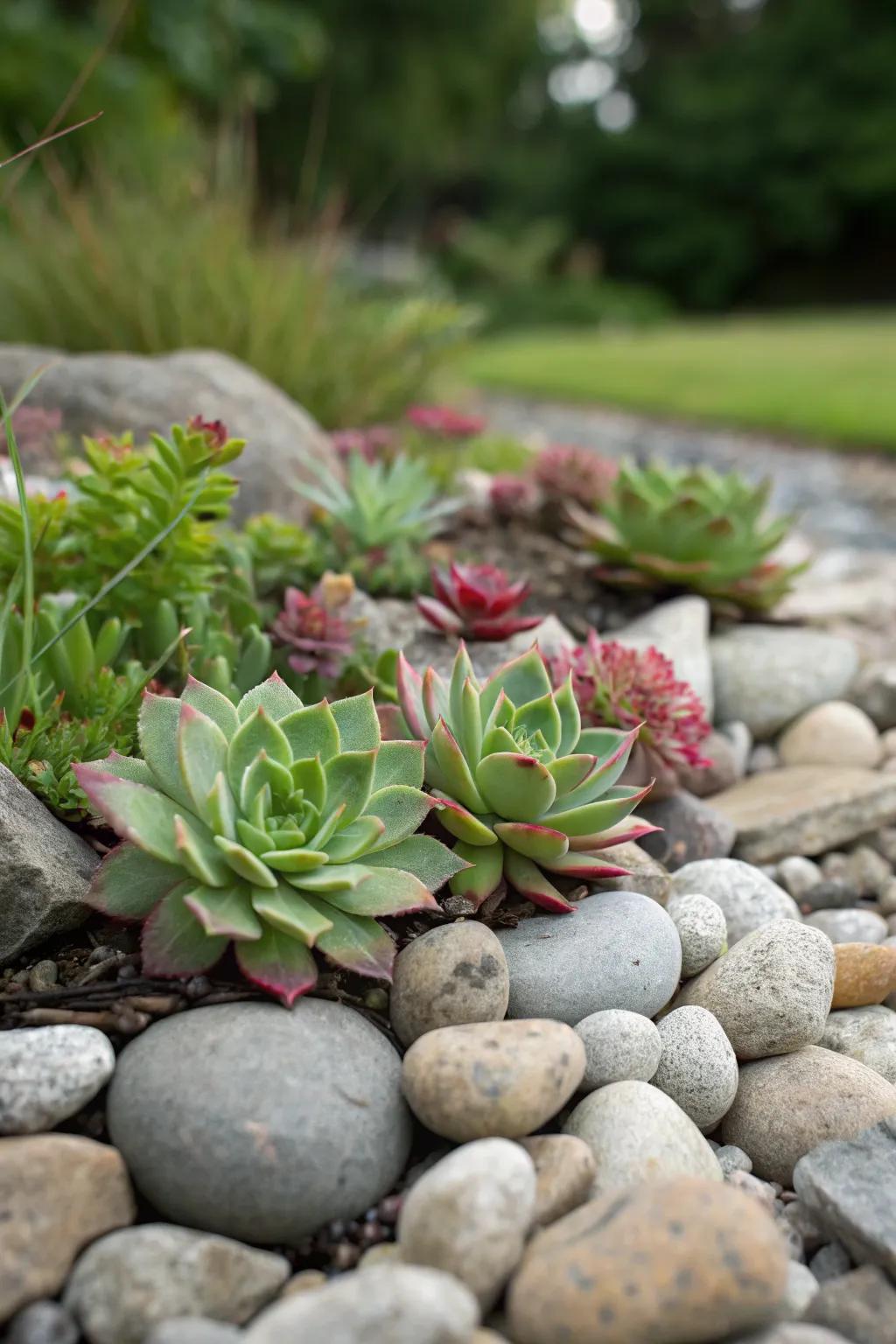 Pair succulents with river rocks for a stunning, low-maintenance garden.