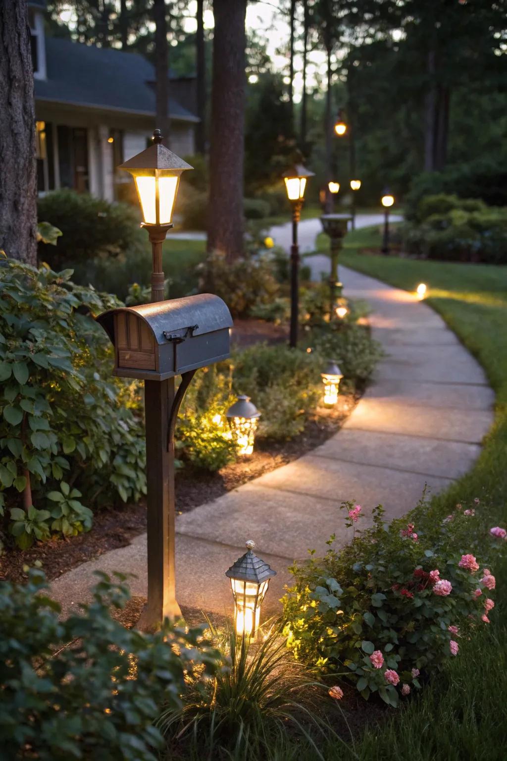 Illuminate your mailbox area with solar-powered lights for added charm.