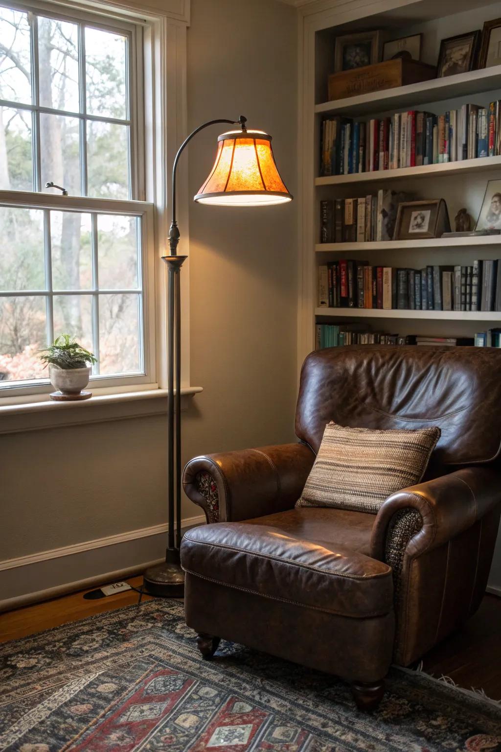 A cozy reading nook offers a personal retreat.