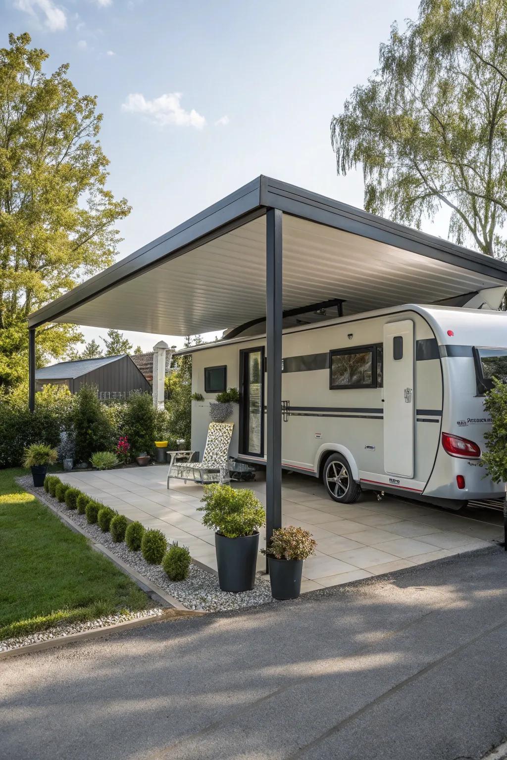 A sleek carport offering protection beside a mobile home.