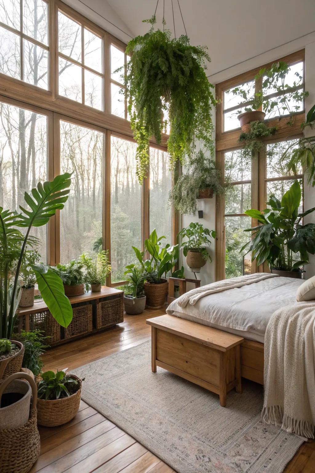 Indoor plants bring a natural element to this serene bedroom.