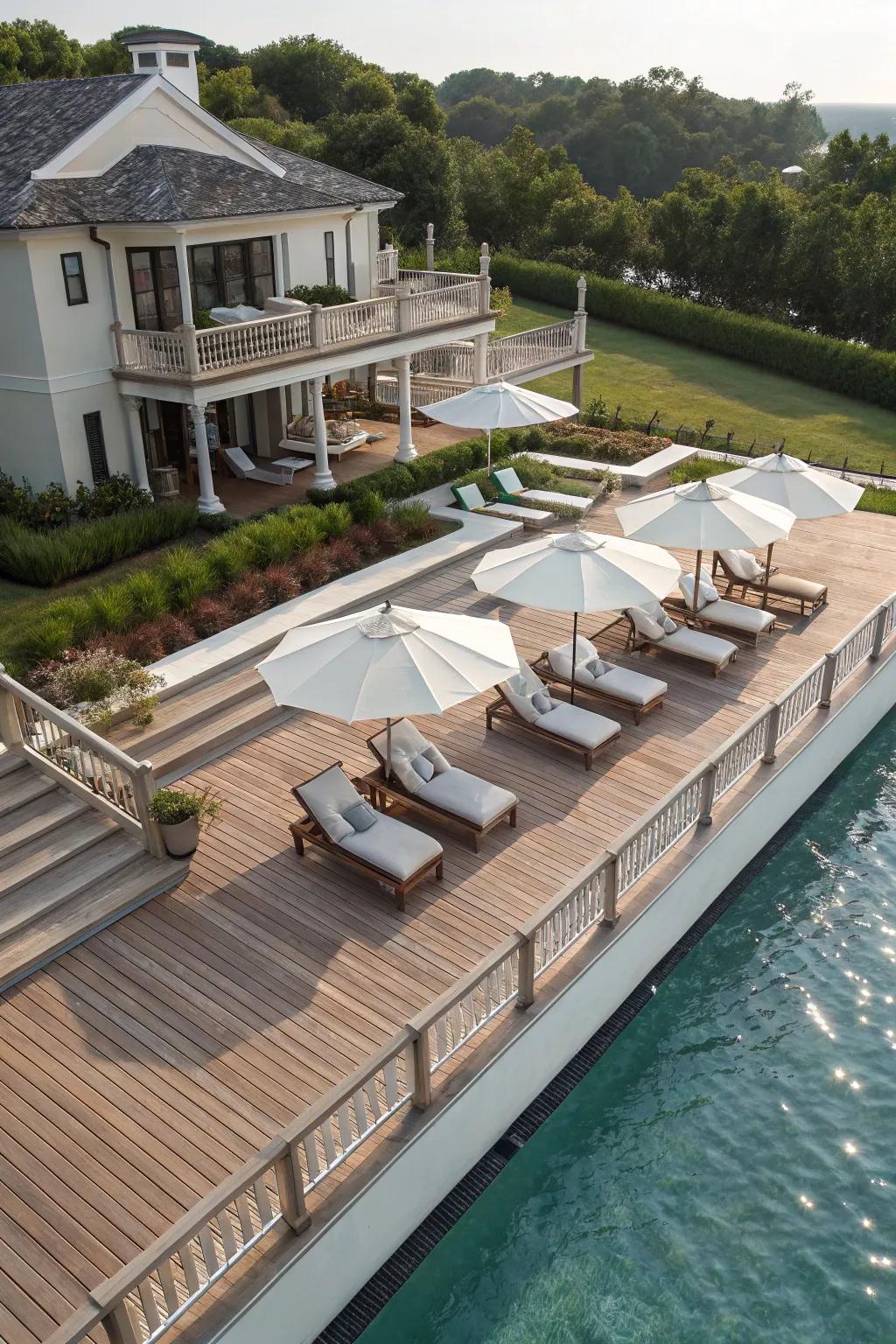 A resort-style deck that complements a luxurious pool area.