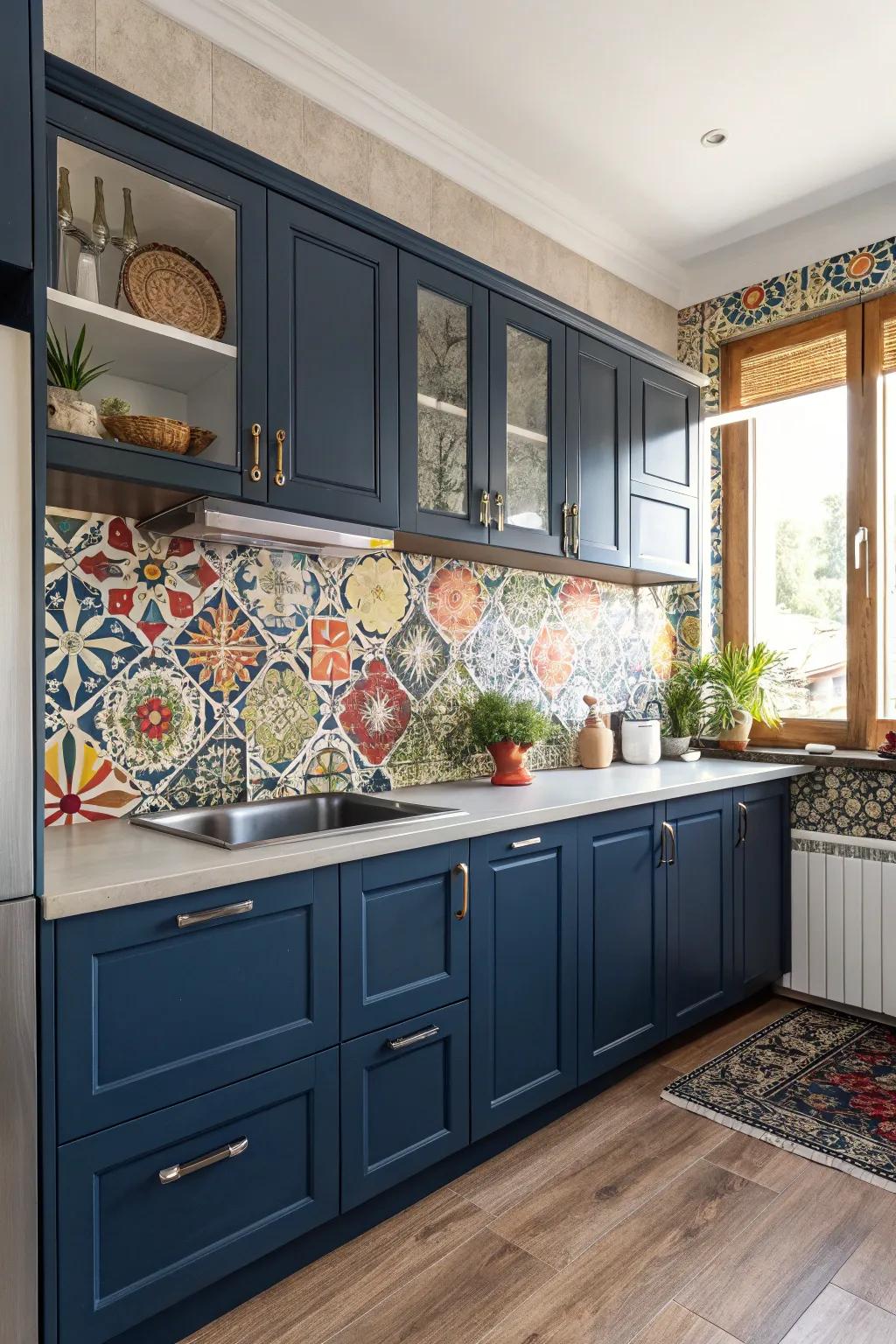 Moroccan tiles add a vibrant and exotic touch to navy blue kitchens.