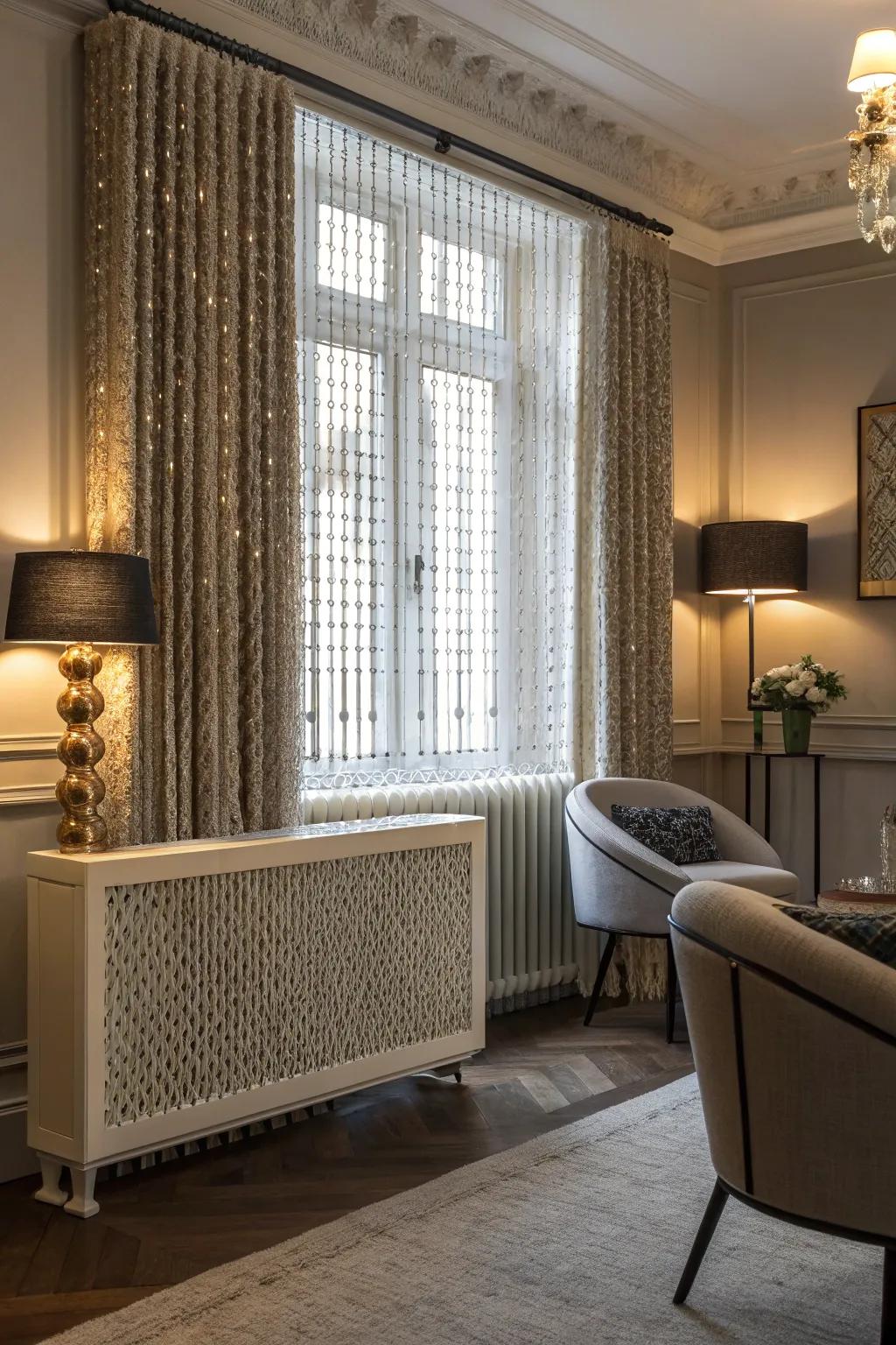 A radiator shield adorned with elegant beaded strands.