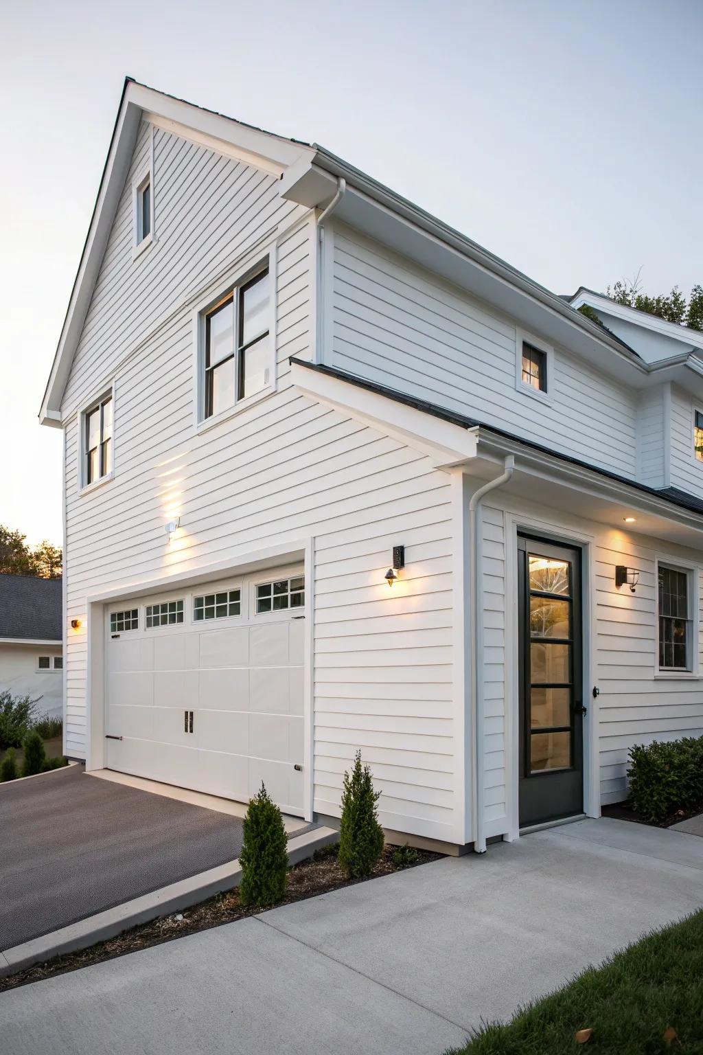 A cohesive design where the garage blends seamlessly into the white facade.