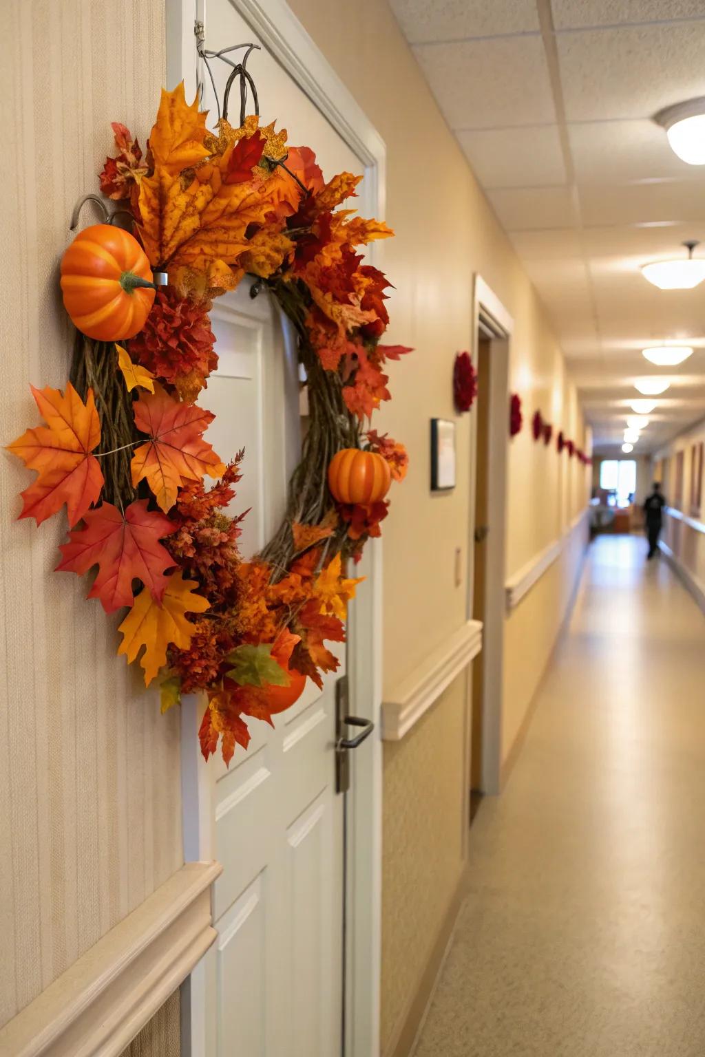 A pumpkin wreath provides a warm and festive welcome.