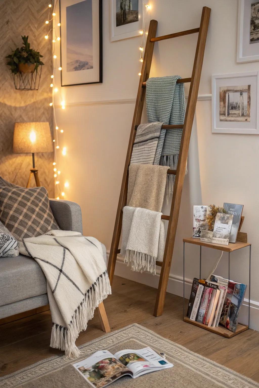 A ladder adds rustic charm and storage.