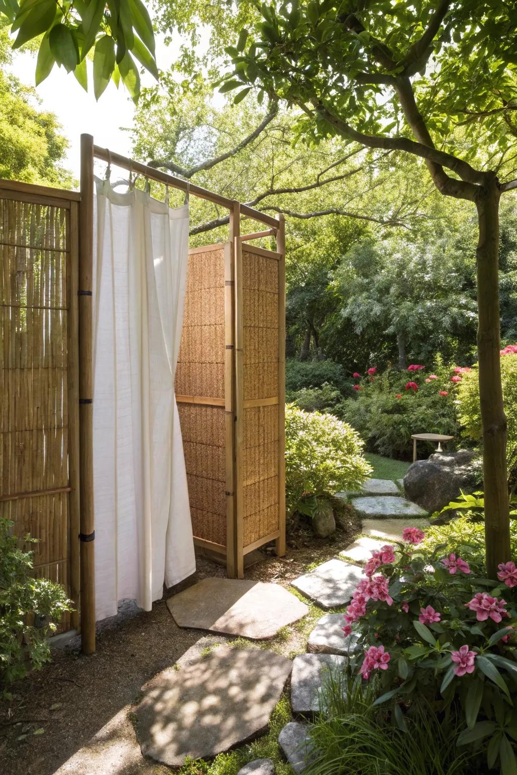 Bamboo screens create an exotic and textured changing space.