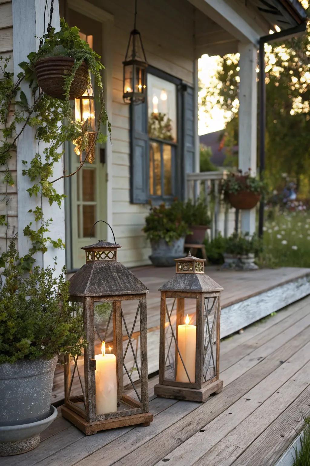 Rustic lanterns with LED candles add a cozy glow to the scene.