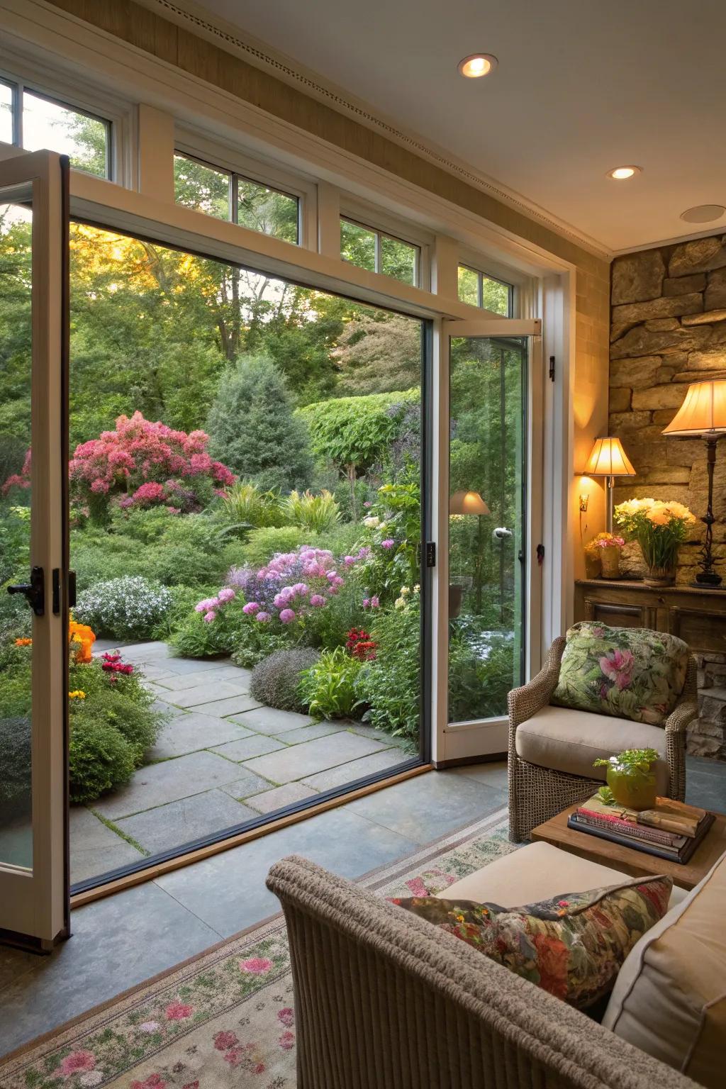 Indoor comforts meeting outdoor beauty in a garden room.