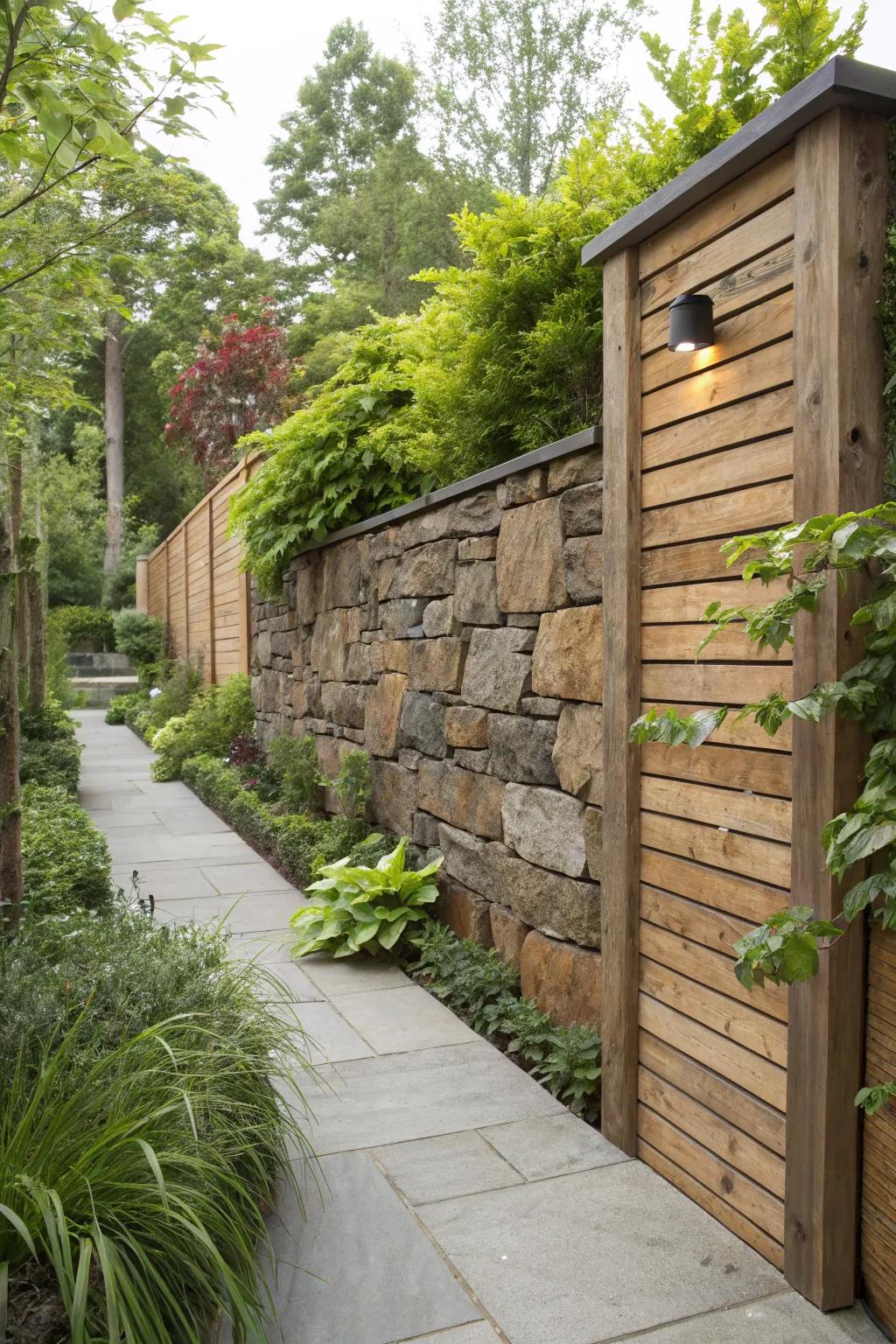 Mixed material walls blend strength with rustic appeal.