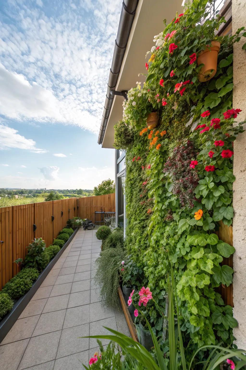 Vertical gardens bring greenery and life to patio walls.