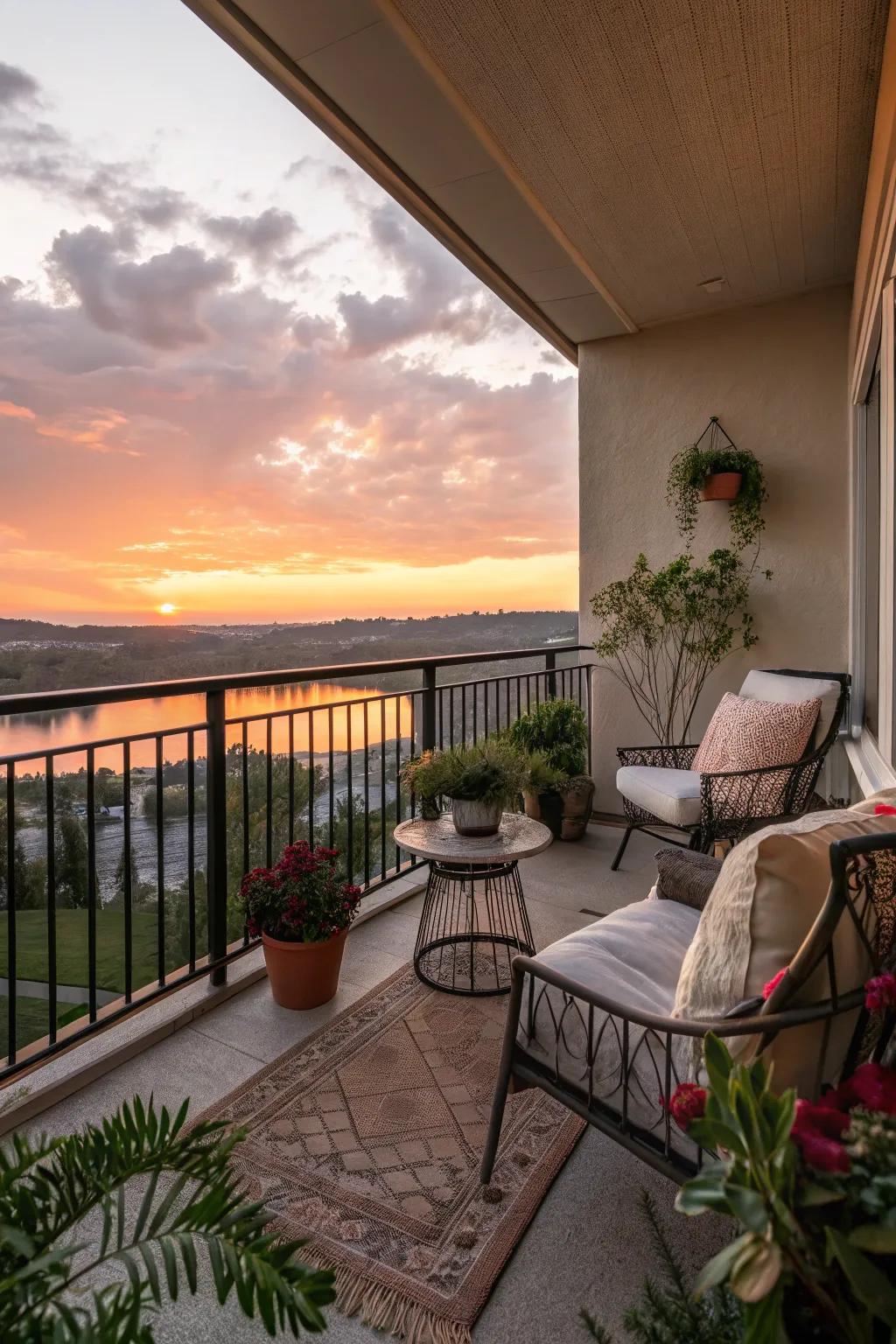 A serene veranda view during sunset featuring cozy seating.