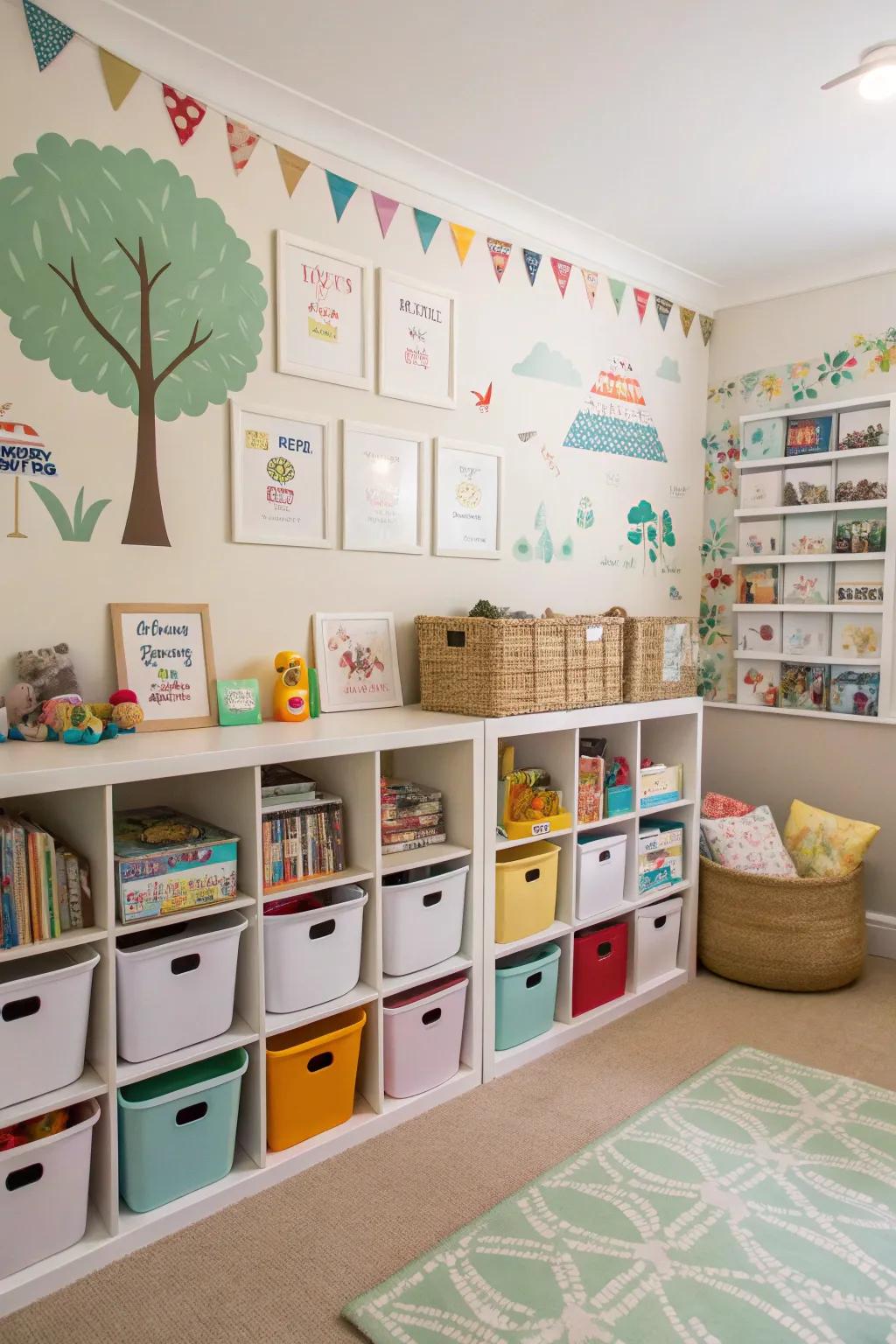 A playroom with themed storage solutions and fun decorative elements.