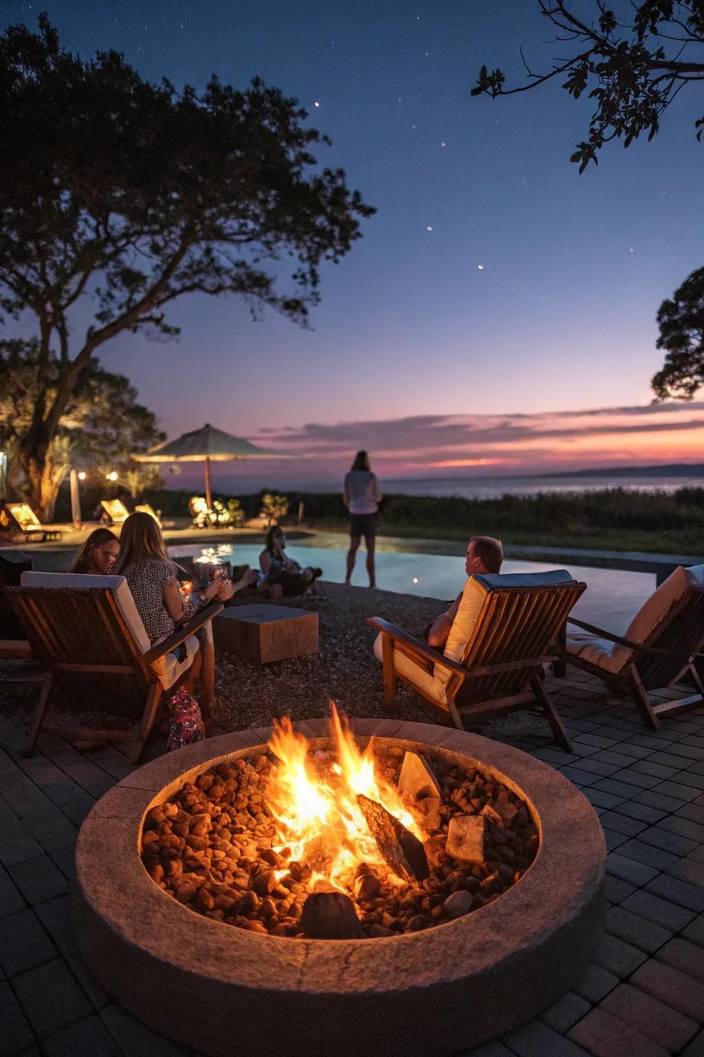 A fire pit adds warmth and charm to your poolside, perfect for evening gatherings.