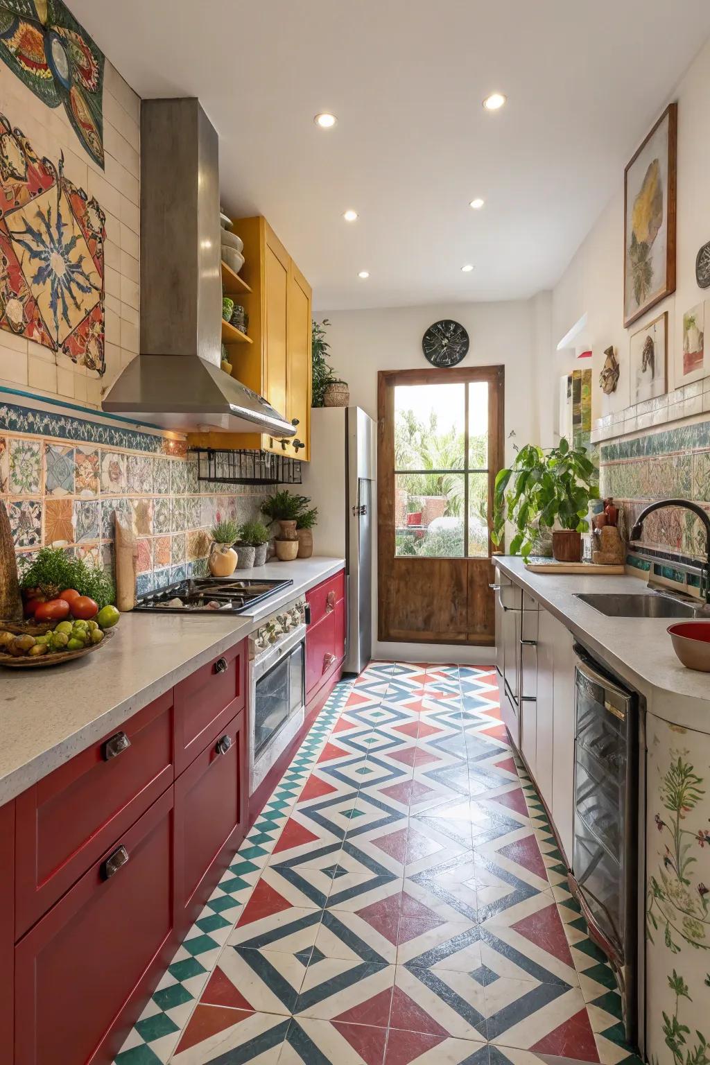 Geometric tile patterns turn kitchen floors into bold design statements.