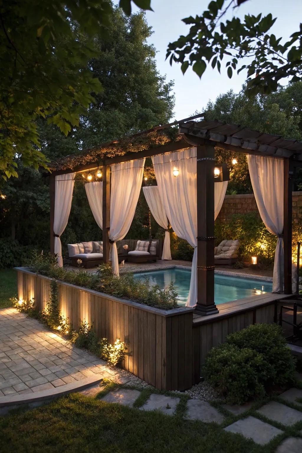 Create a cozy retreat with a pergola adorned with drapes.