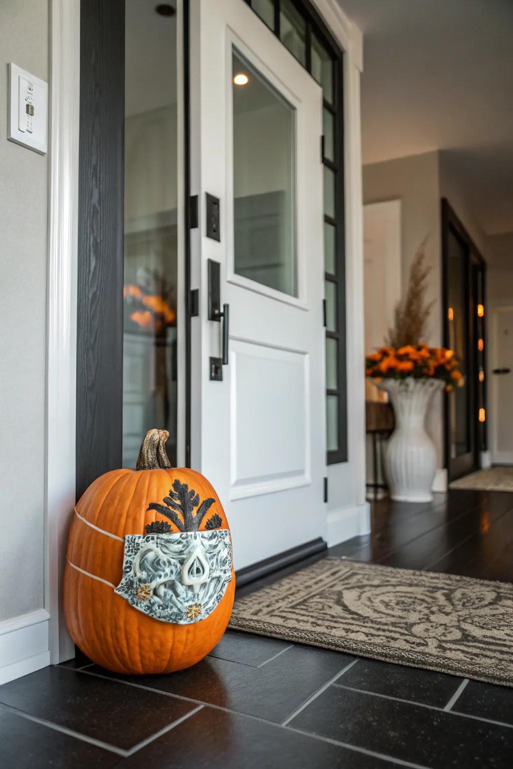 Masked pumpkins add a touch of mystery to your Halloween decor.