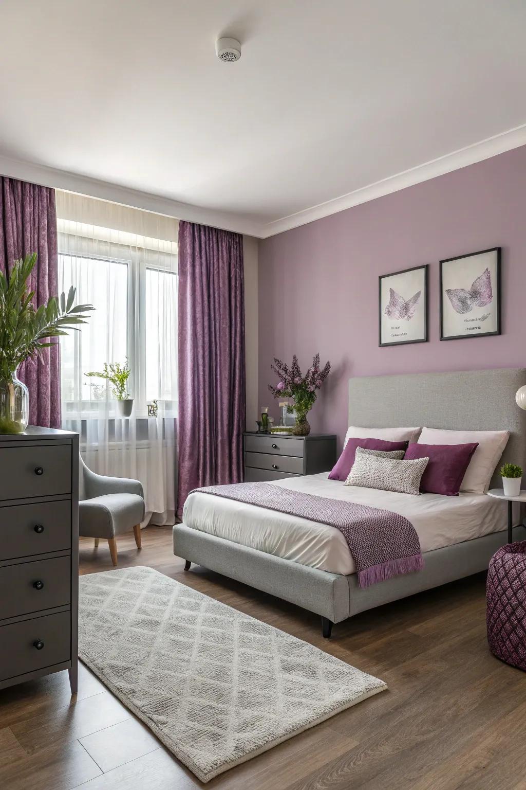 Orchid-colored accents infuse the room with lively energy.