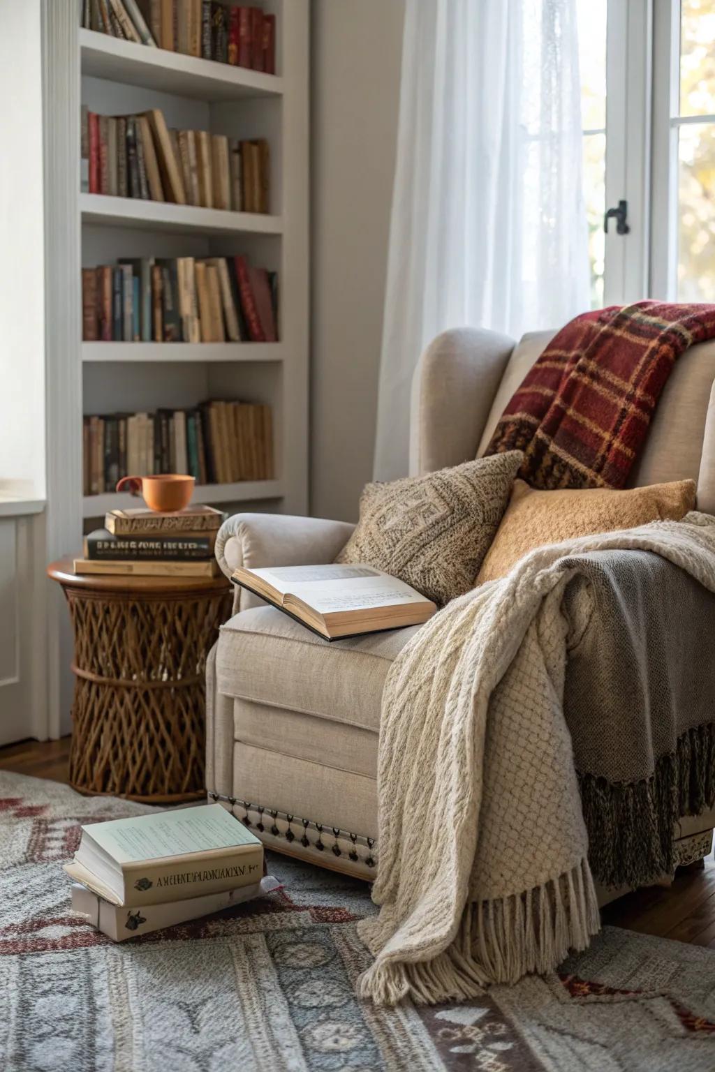 A reading nook with layered textiles for ultimate comfort.