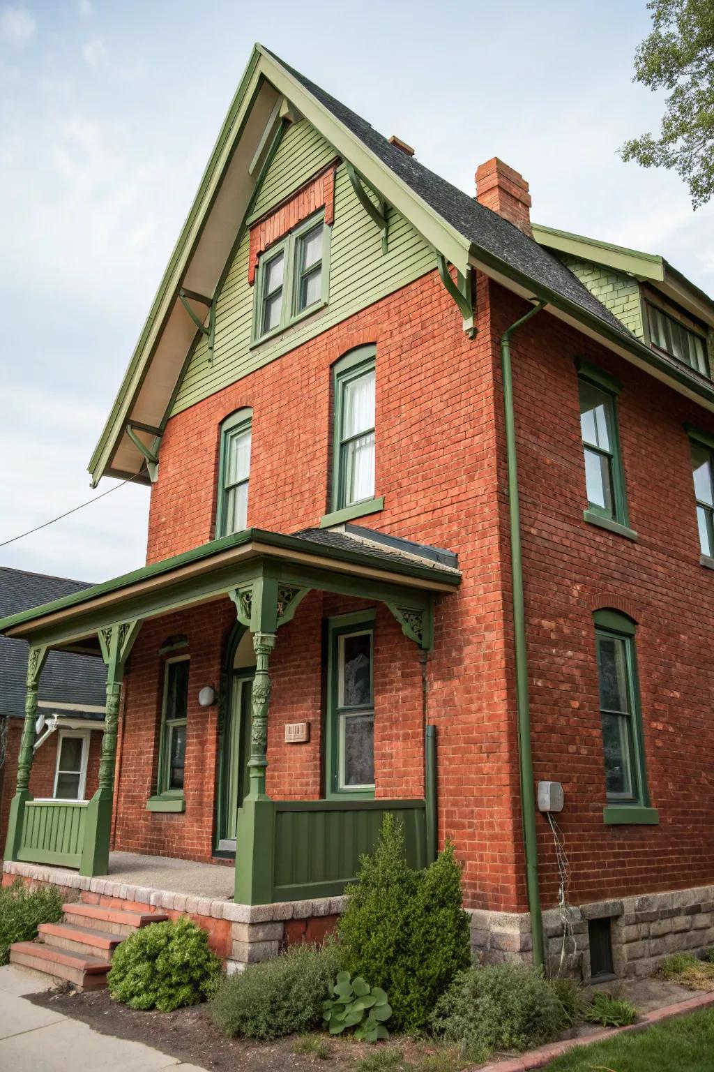 Verdant trim adds an unexpected yet harmonious touch to red brick homes.