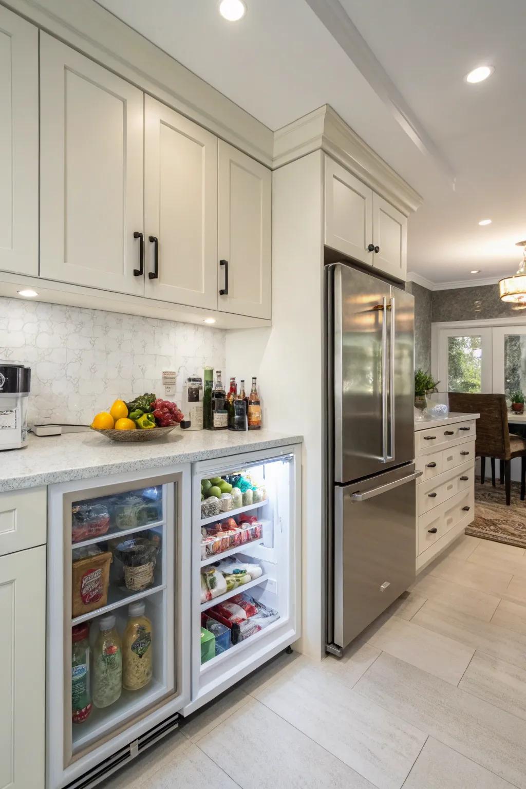 A kitchen featuring an undercounter refrigerator ideal for extra storage.