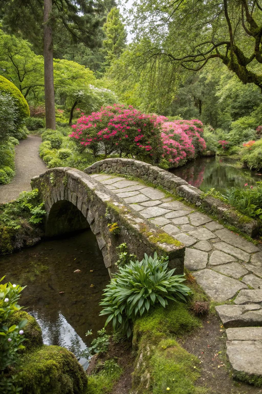 A magical hidden pathway bridge adds whimsy to the garden.