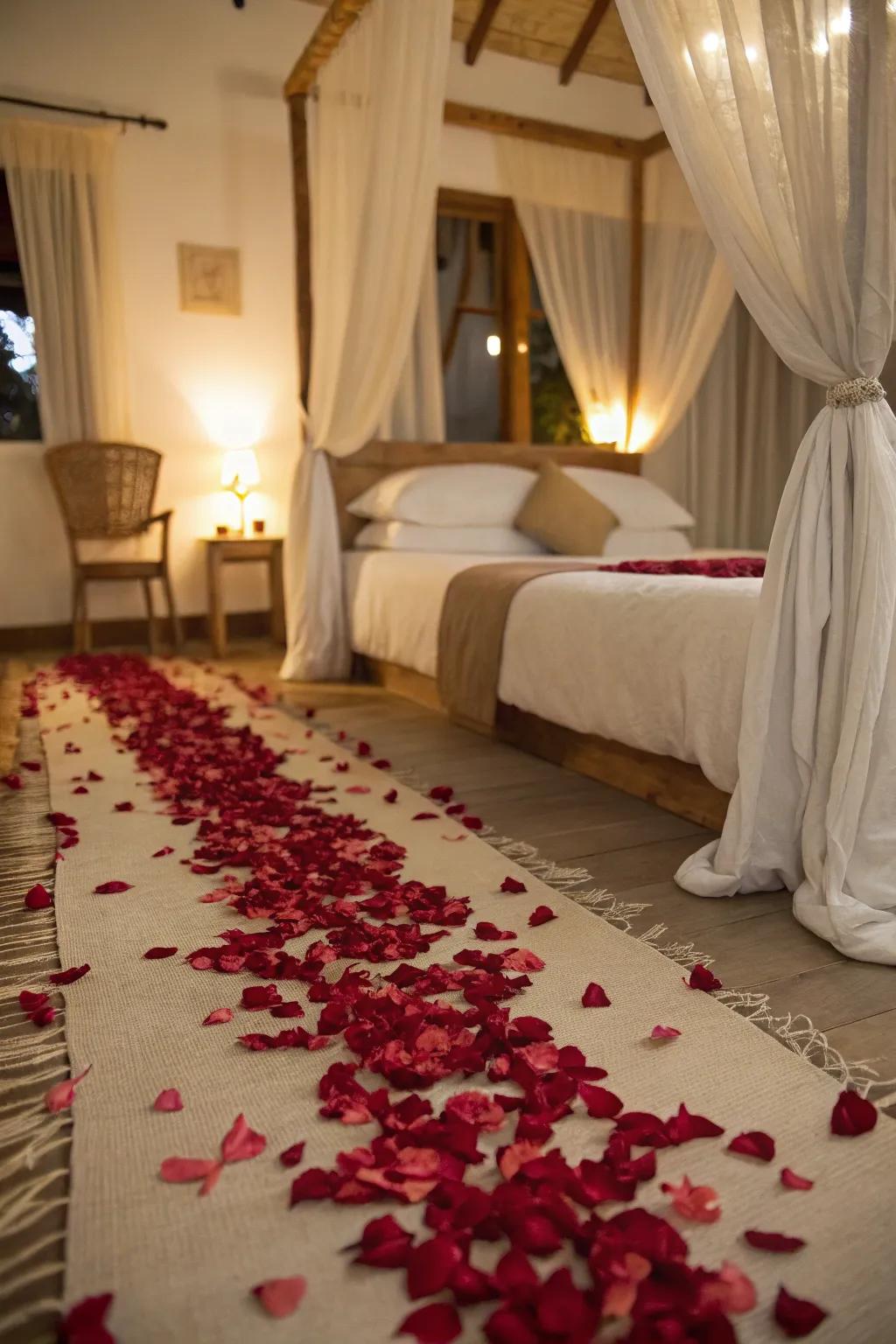 A cozy path of rose petals and pillows.