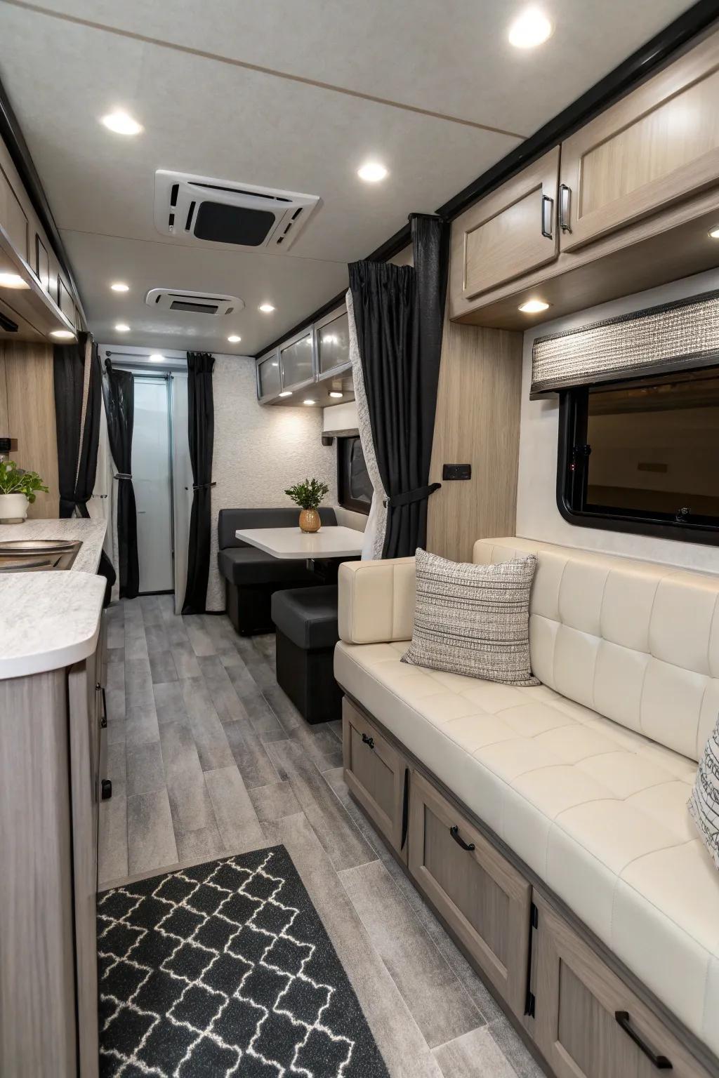A monochromatic palette establishes a sleek, unified RV interior.
