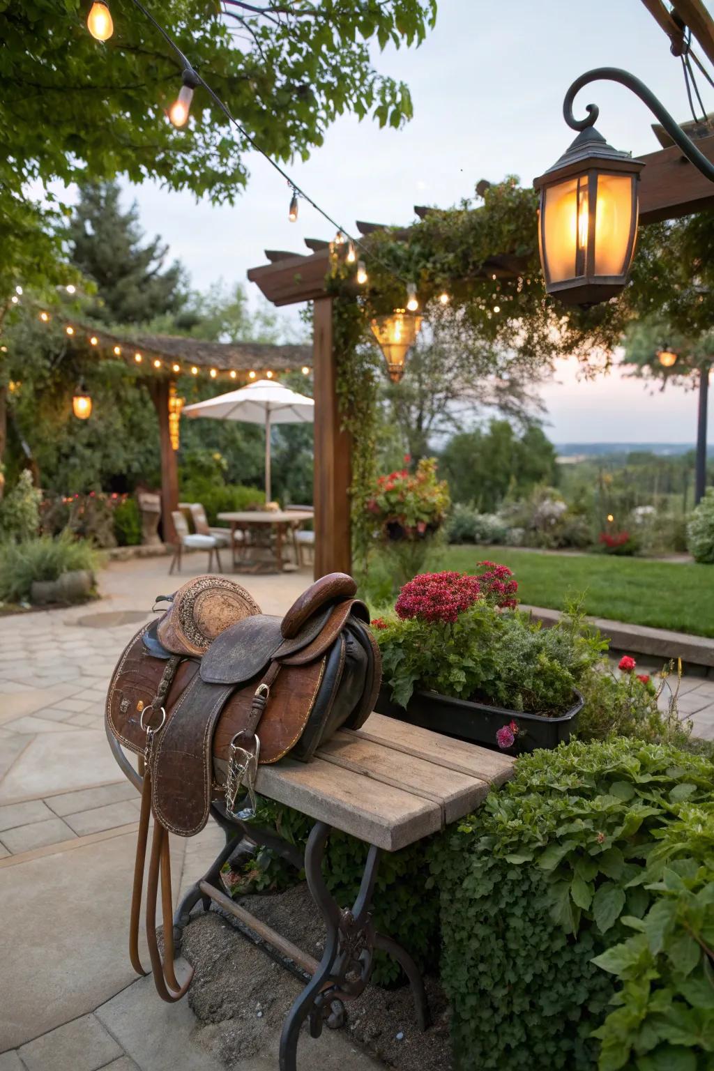 Saddle benches provide rustic seating in this charming garden patio.