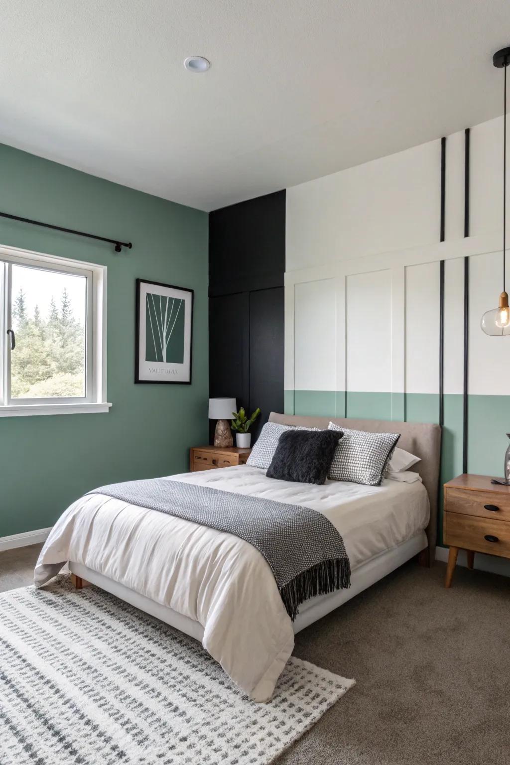 Color-blocked walls bring a modern and dynamic look to the bedroom.