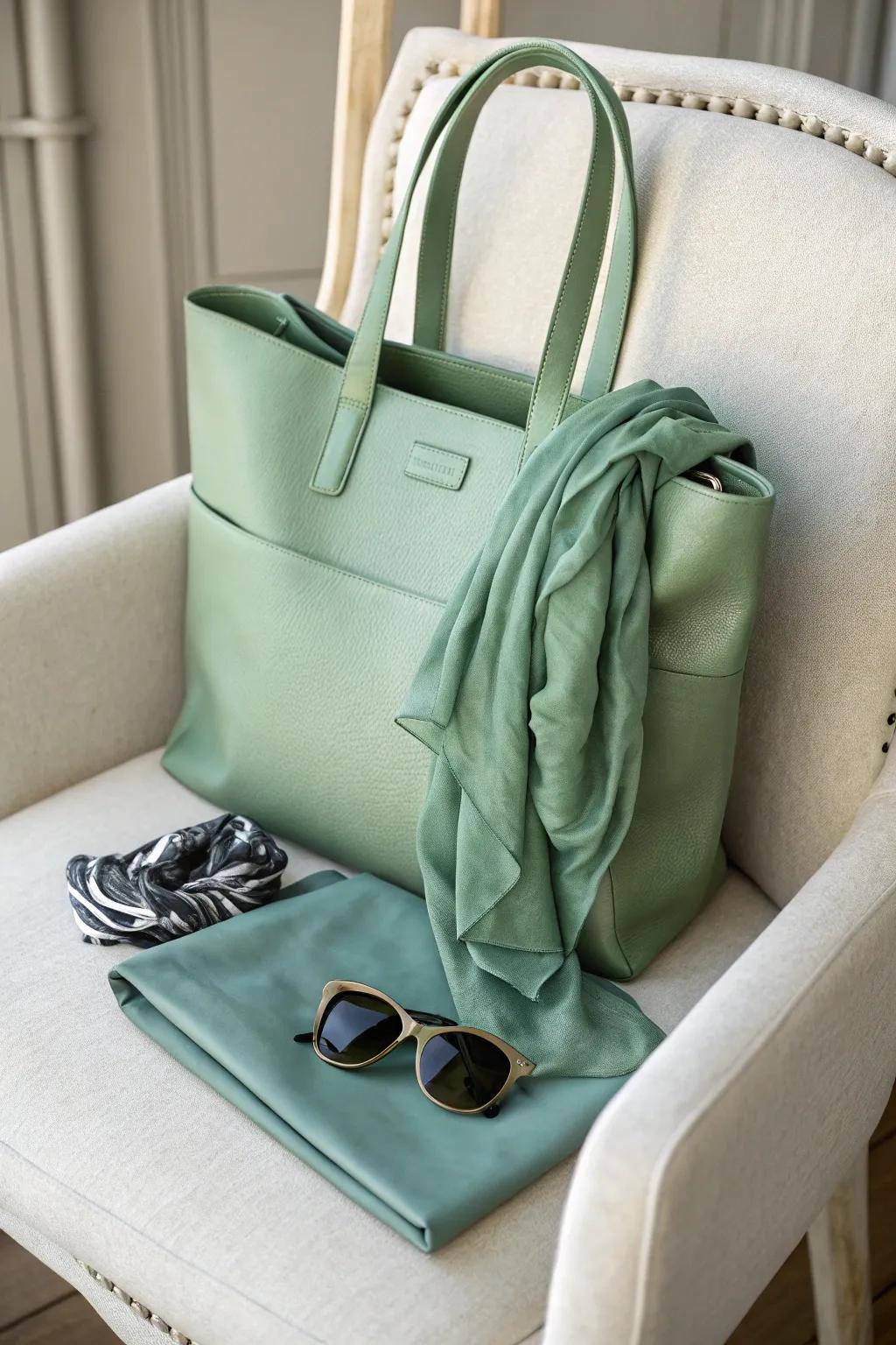 A sage green tote bag offers versatility and style on the go.